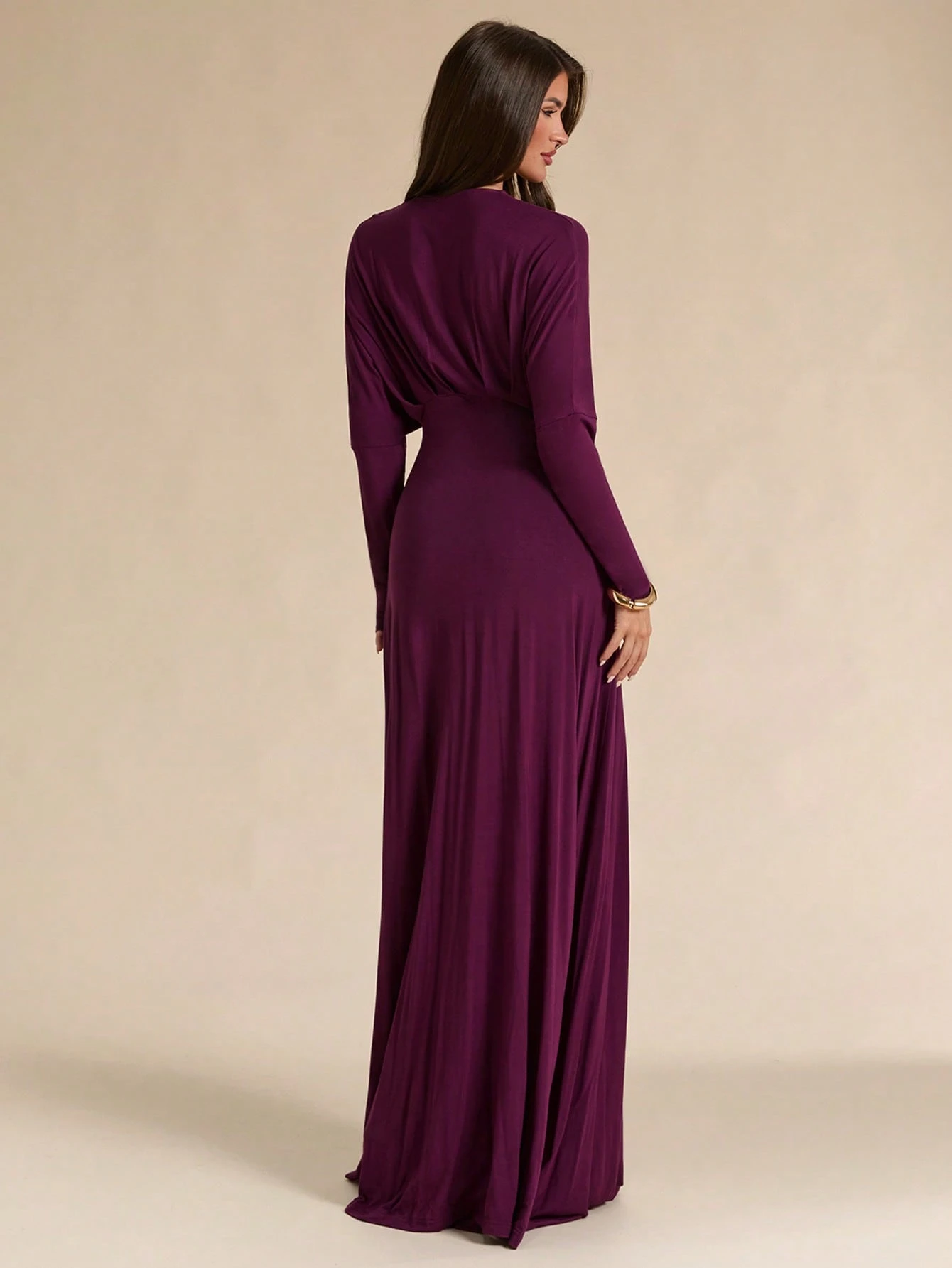 Robe longue en maille ajustée slim à col V profond, manches longues, violet — vue 4
