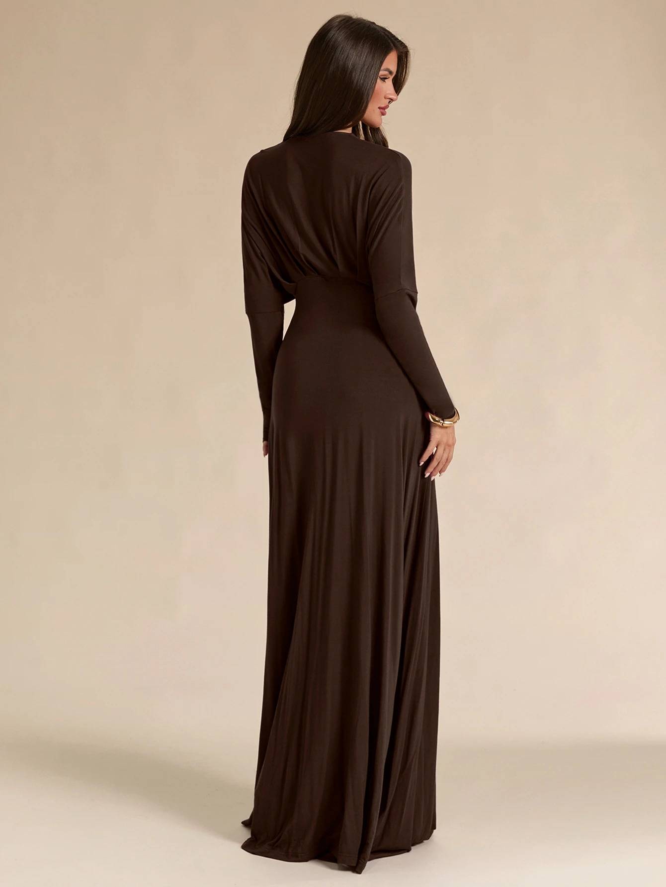 Robe longue en maille ajustée slim à col V profond, manches longues, violet — vue 3