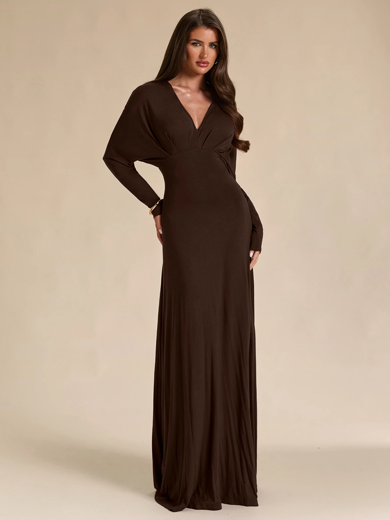 Robe longue en maille ajustée slim à col V profond, manches longues, violet