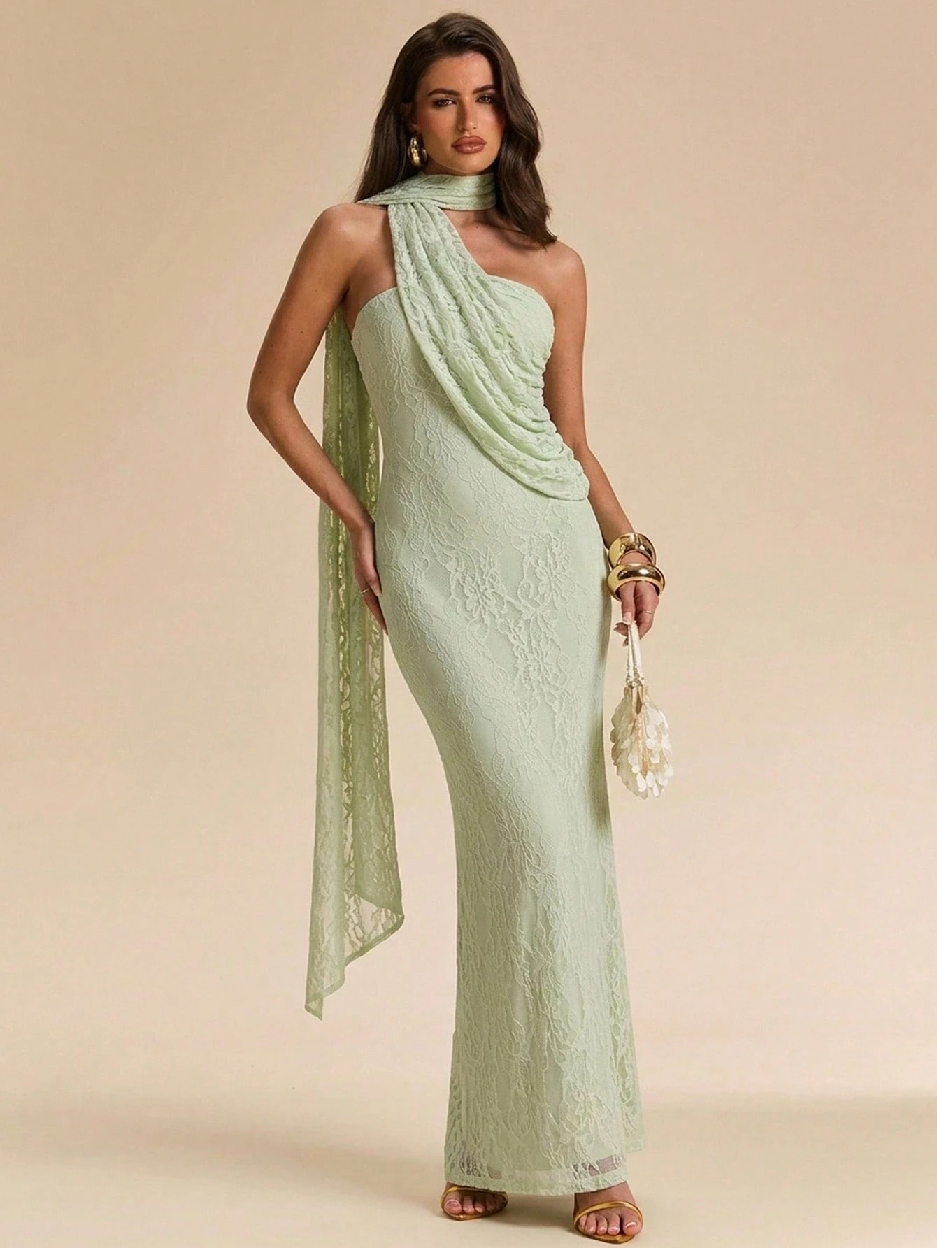 Robe maxi sirène asymétrique à col licou avec nœud, en dentelle verte unie pour
