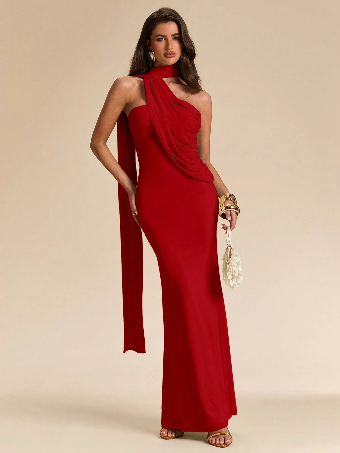 Robe maxi sirène asymétrique à col licou avec nœud, en dentelle verte unie pour — vue 6