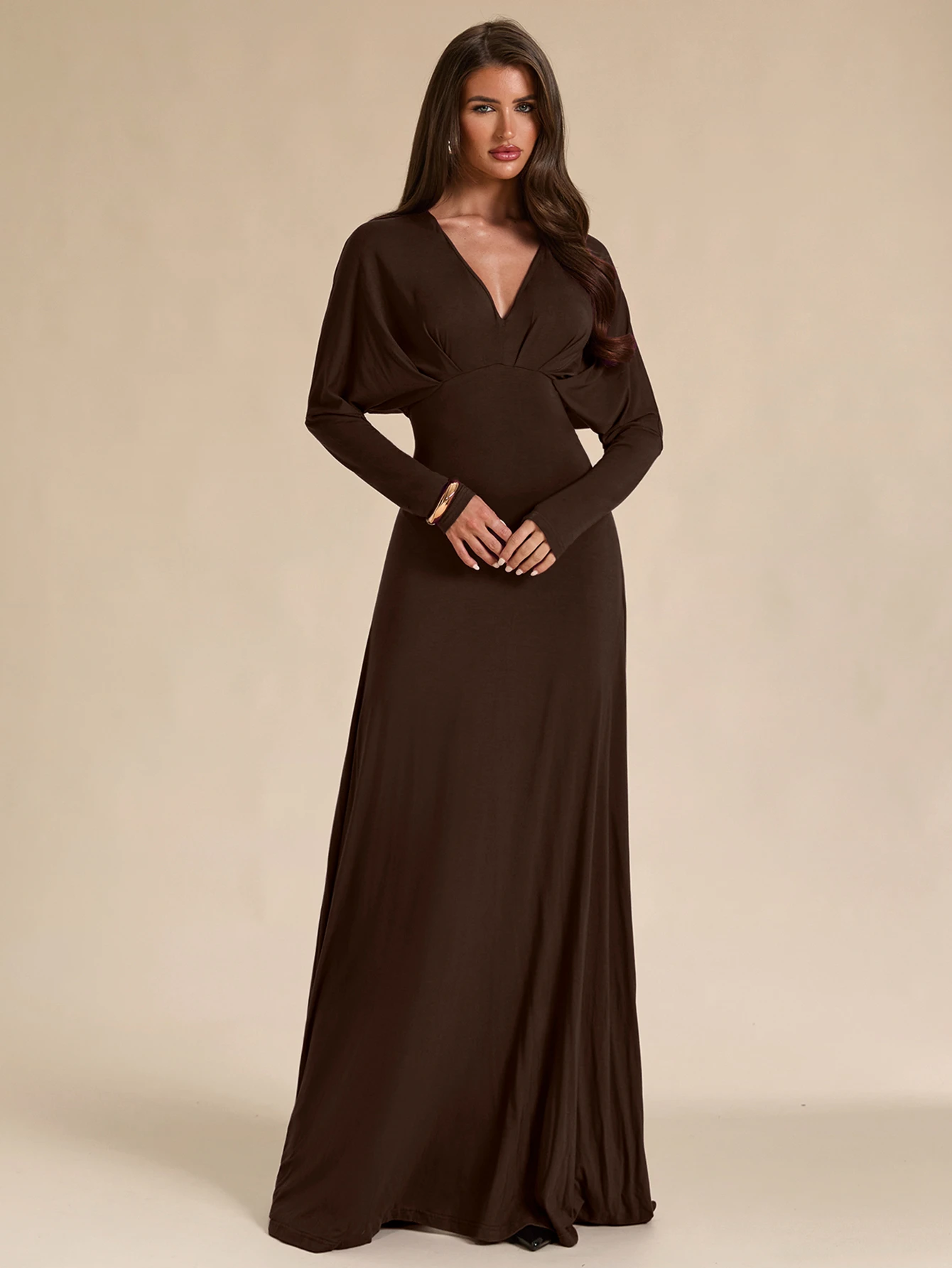 Robe longue en maille ajustée slim à col V profond, manches longues, violet — vue 9