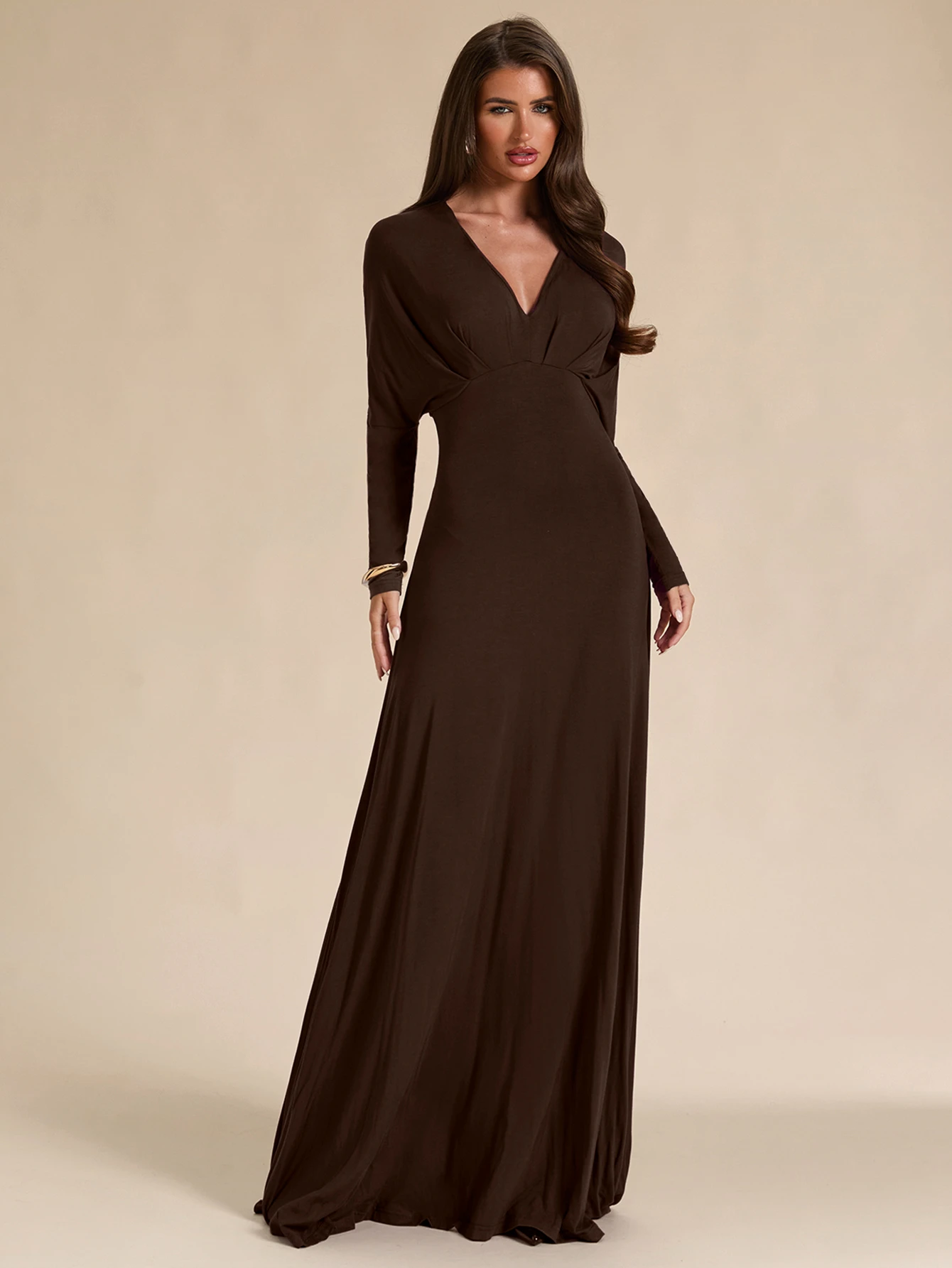 Robe longue en maille ajustée slim à col V profond, manches longues, violet — vue 11