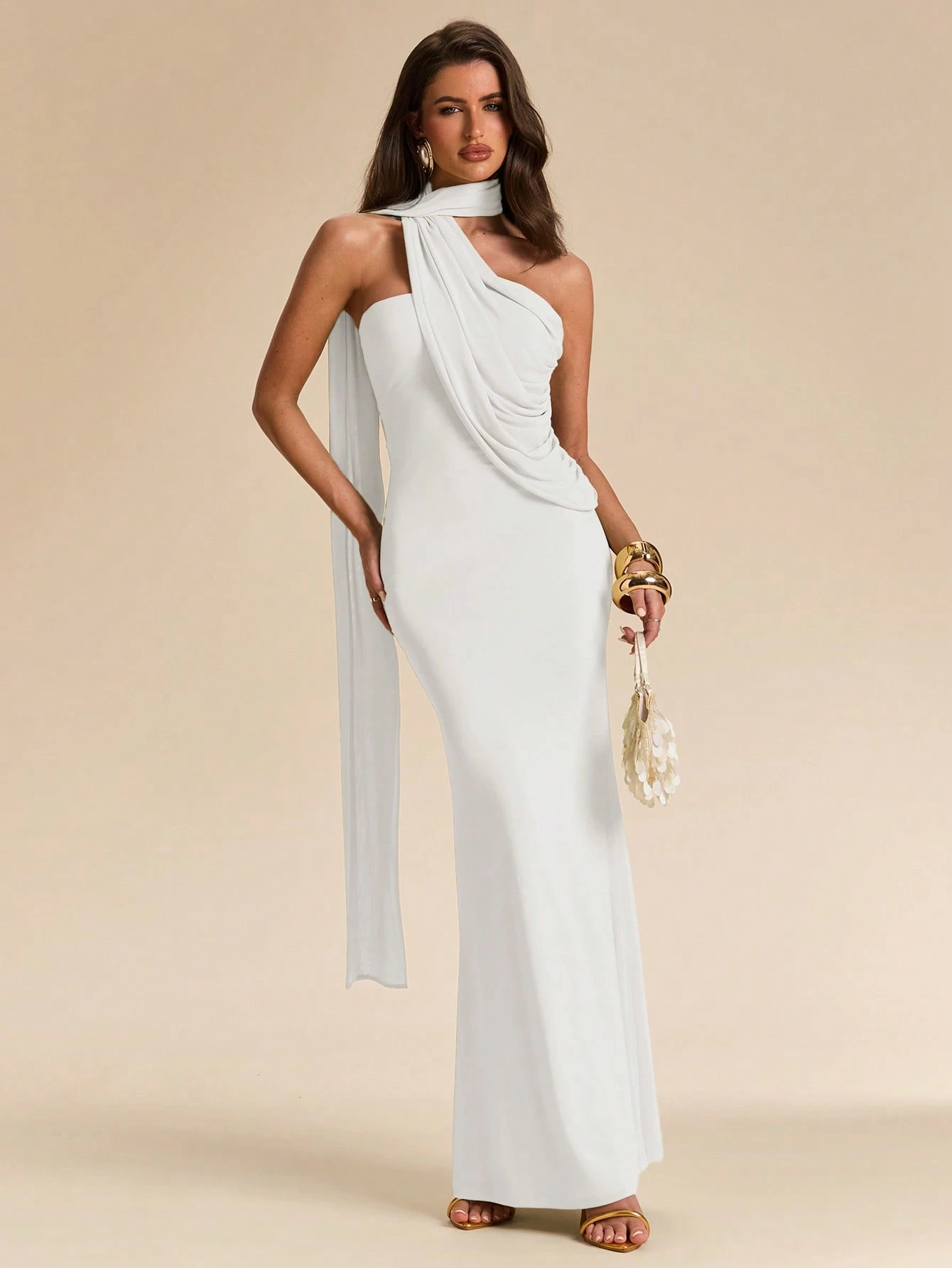 Robe maxi sirène asymétrique à col licou avec nœud, en dentelle verte unie pour — vue 7