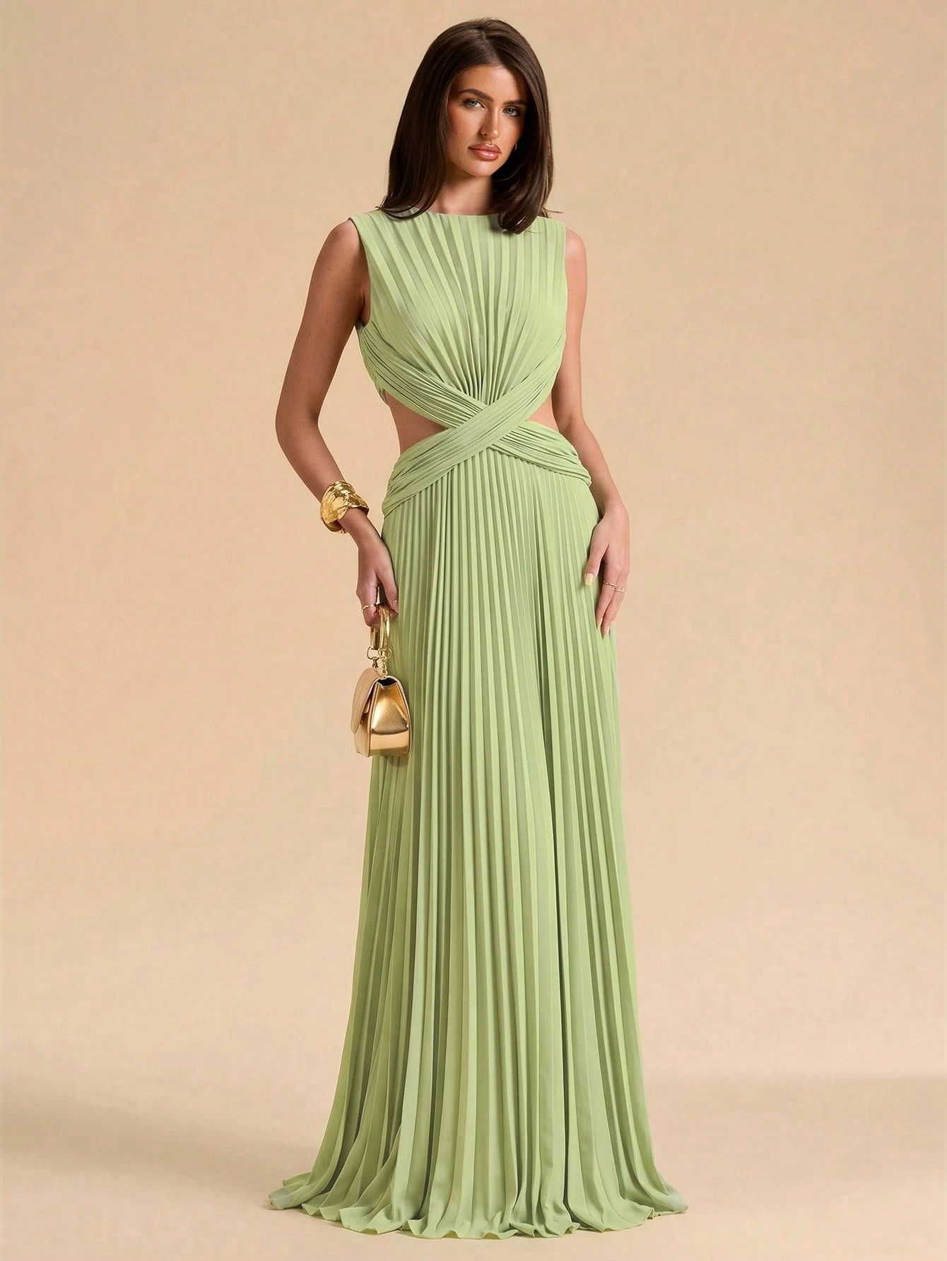 Robe de soirée plissée torsadée ajourée vert clair printemps/été, robe longue