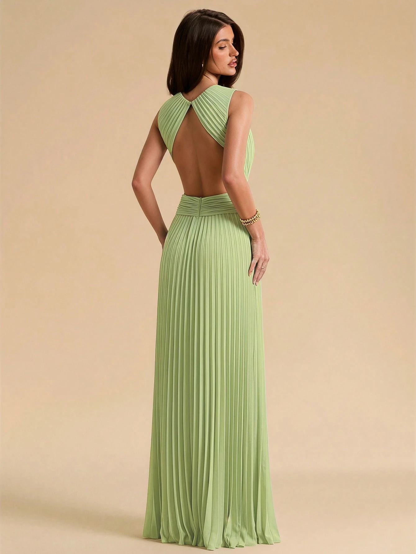 Robe de soirée plissée torsadée ajourée vert clair printemps/été, robe longue — vue 4