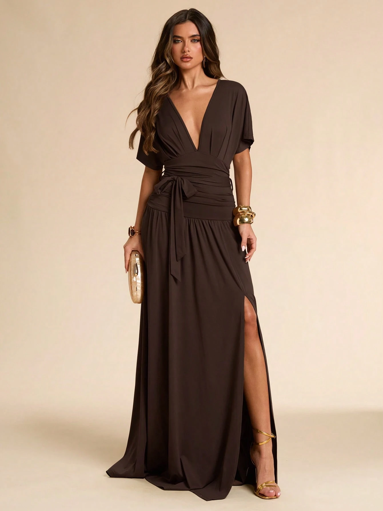 Robe longue noire unie printemps/été, col V profond, manches chauve-souris — vue 6