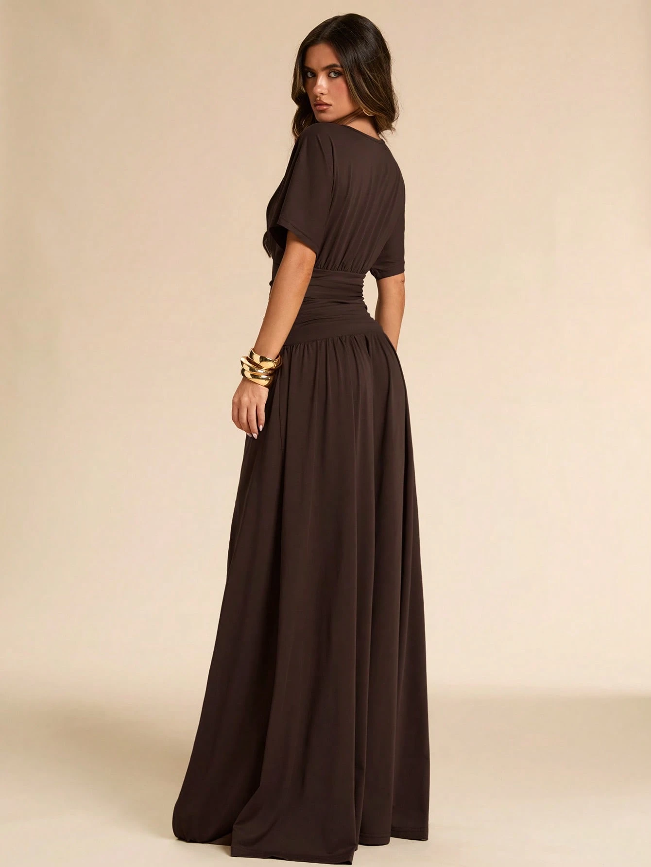 Robe longue noire unie printemps/été, col V profond, manches chauve-souris — vue 4