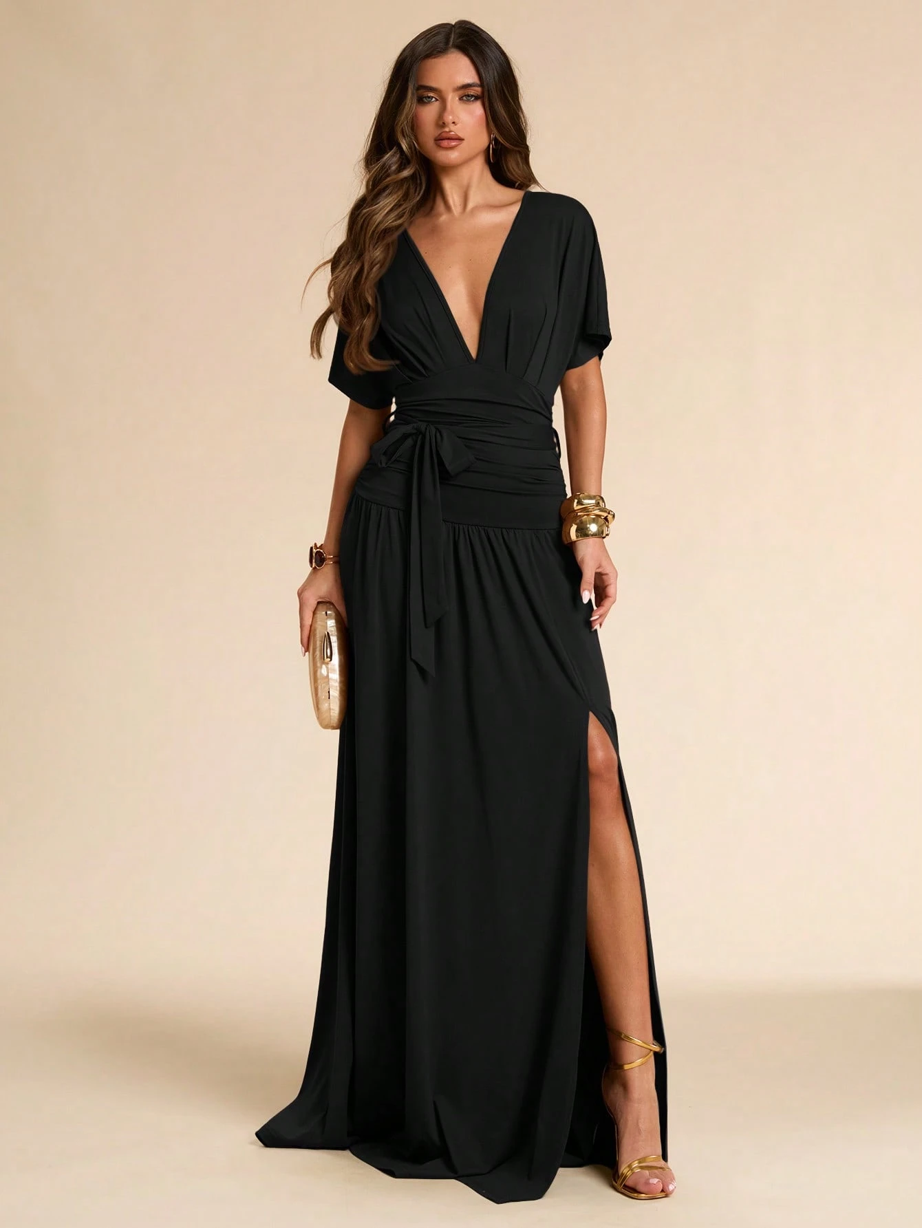 Robe longue noire unie printemps/été, col V profond, manches chauve-souris — vue 5