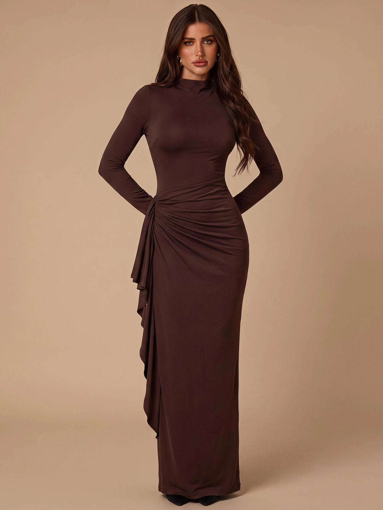 Robe élégante pour femmes à manches longues, en cachemire marron, avec volants