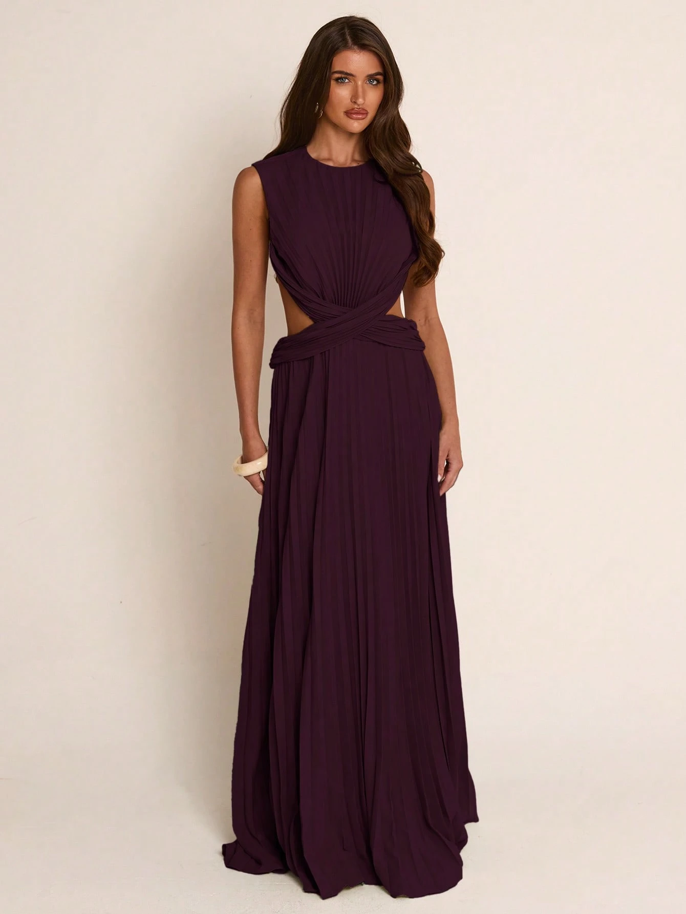 Robe de soirée plissée torsadée ajourée vert clair printemps/été, robe longue — vue 8