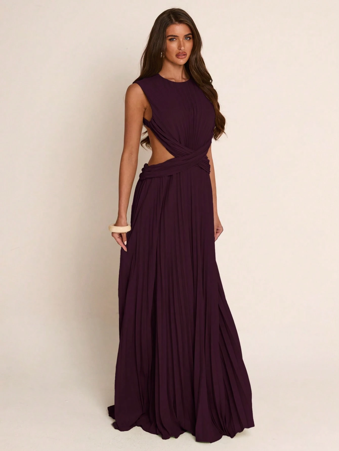 Robe de soirée plissée torsadée ajourée vert clair printemps/été, robe longue — vue 11