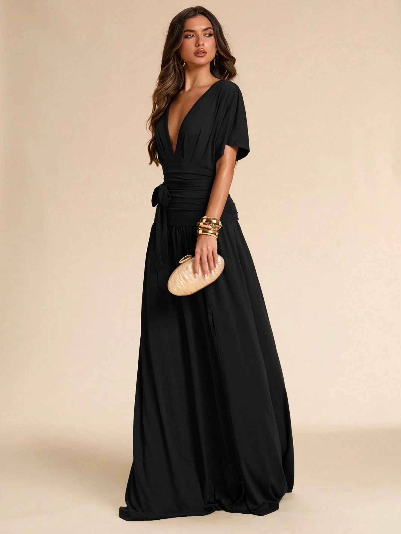 Robe longue noire unie printemps/été, col V profond, manches chauve-souris — vue 7