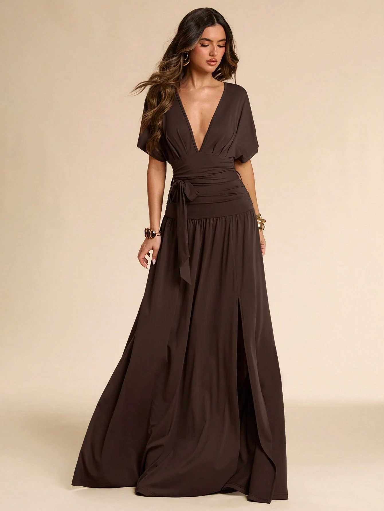 Robe longue noire unie printemps/été, col V profond, manches chauve-souris — vue 10