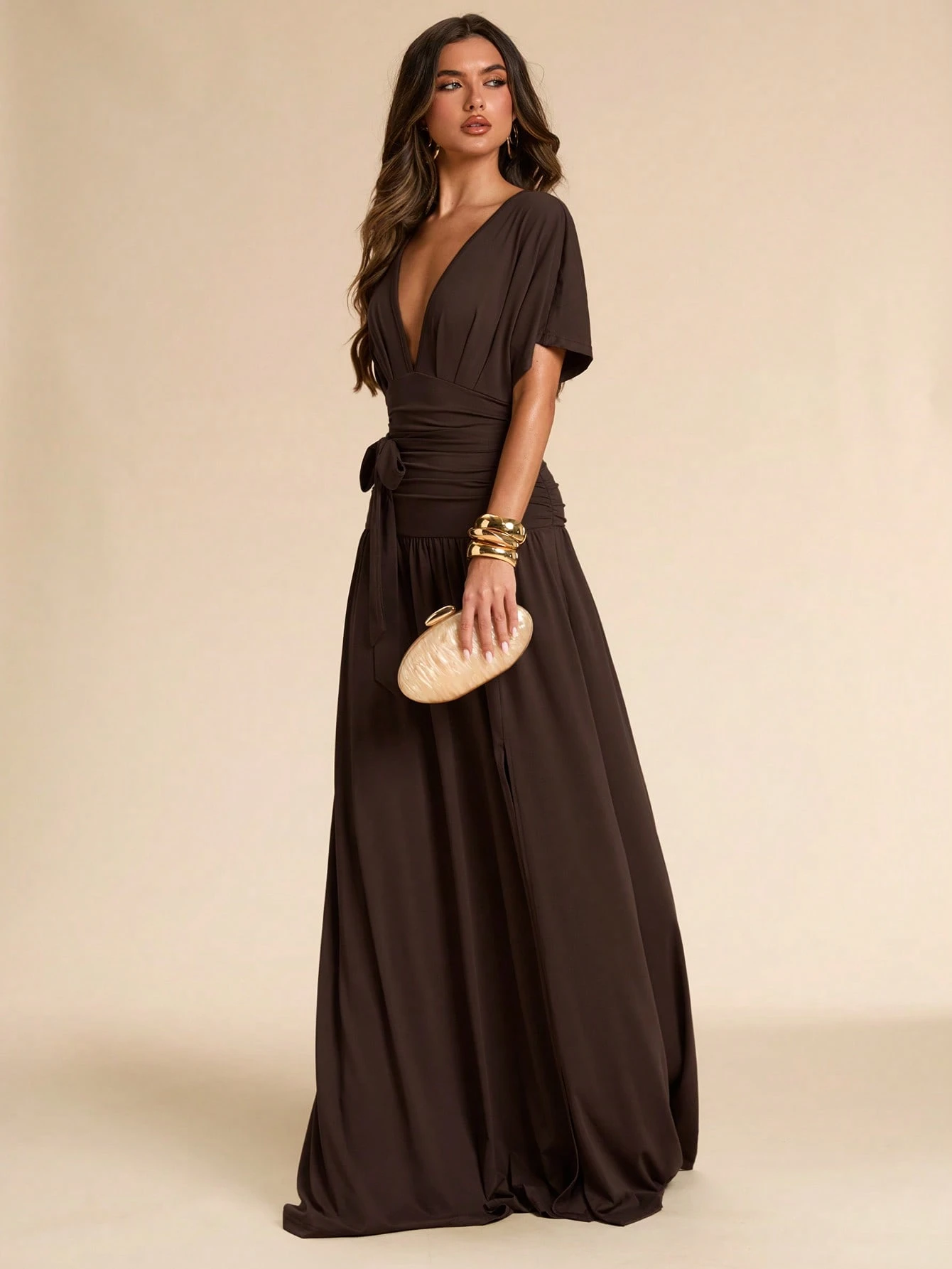Robe longue noire unie printemps/été, col V profond, manches chauve-souris — vue 8