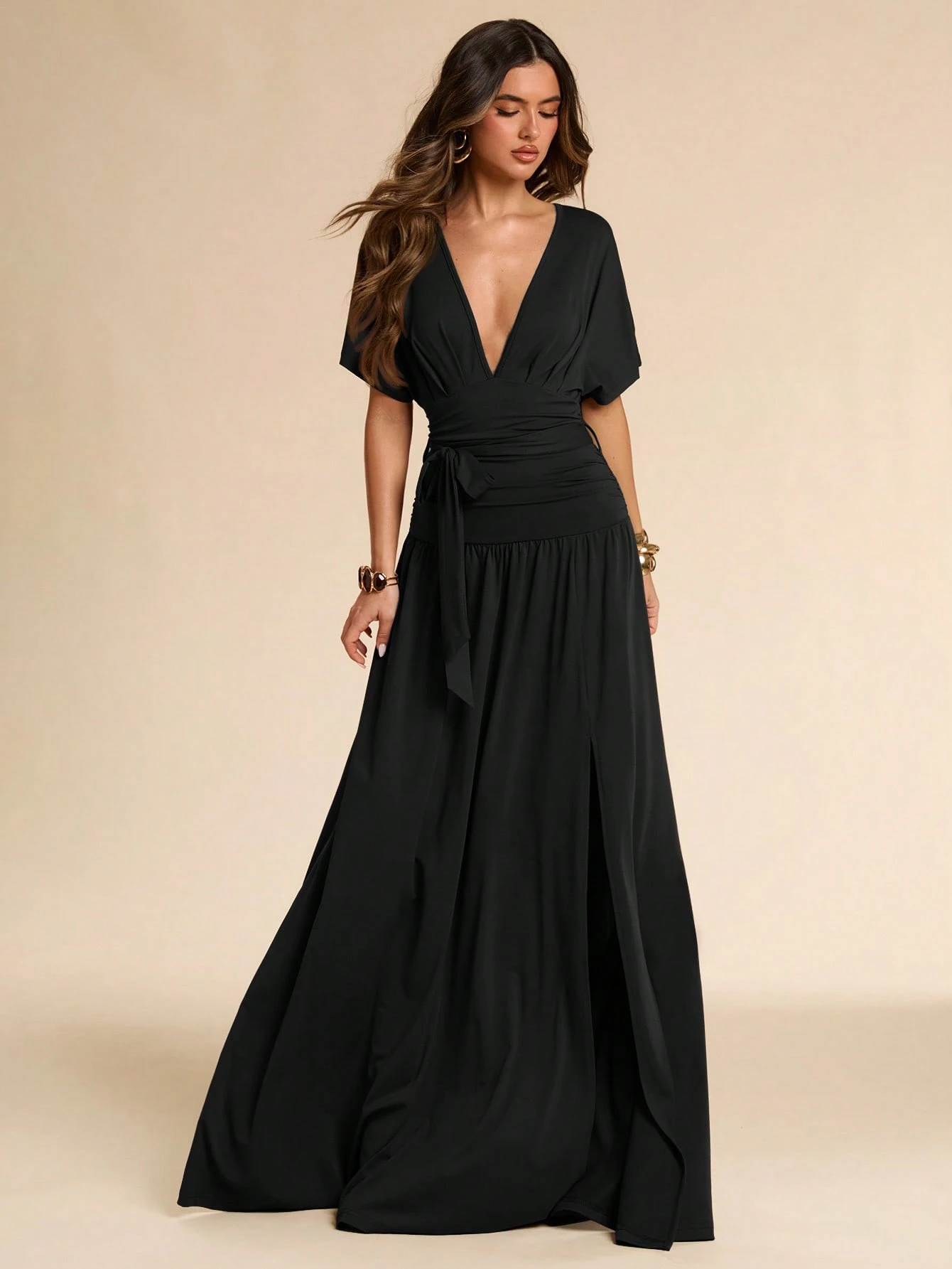 Robe longue noire unie printemps/été, col V profond, manches chauve-souris — vue 9