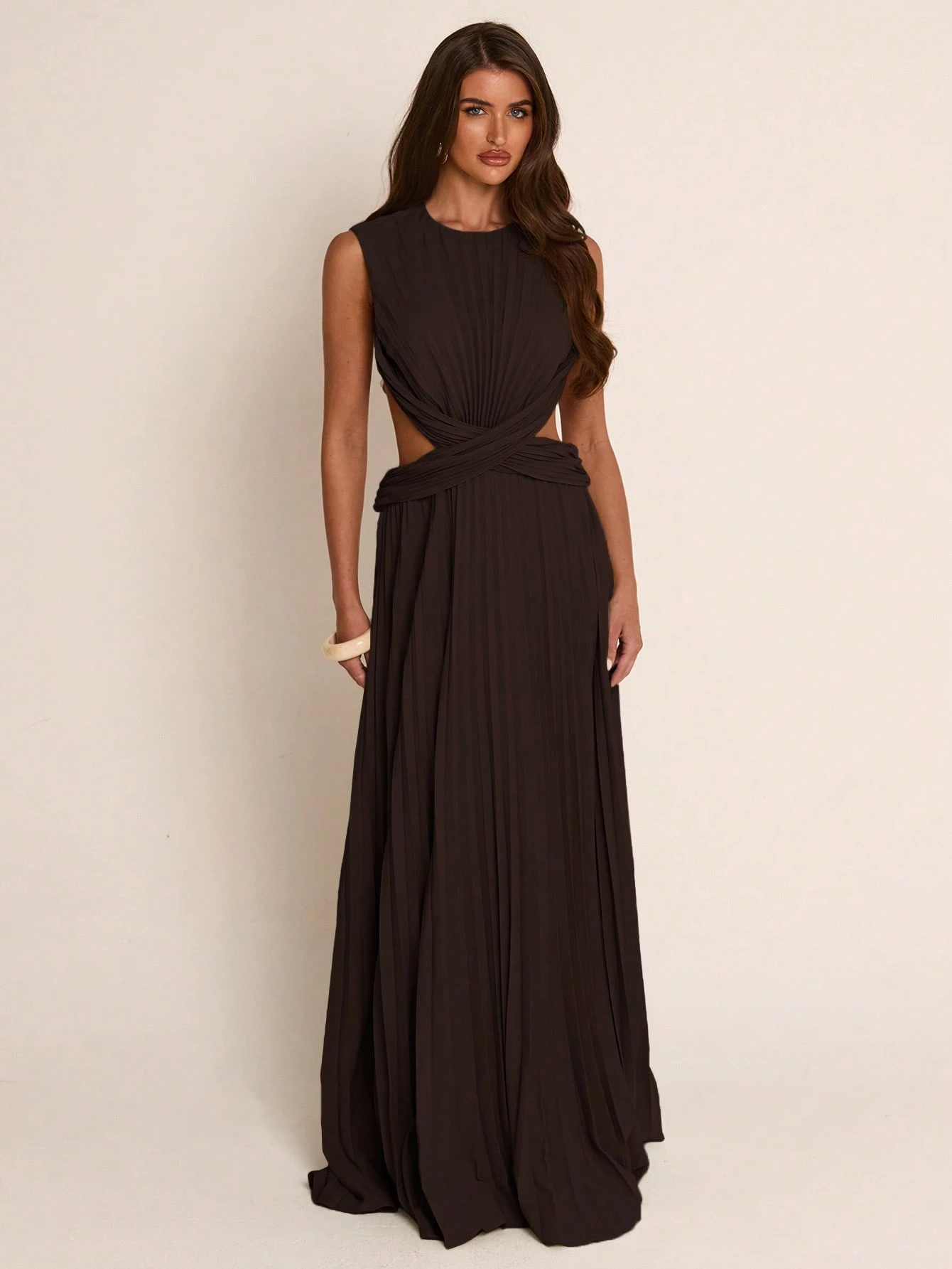 Robe de soirée plissée torsadée ajourée vert clair printemps/été, robe longue — vue 9