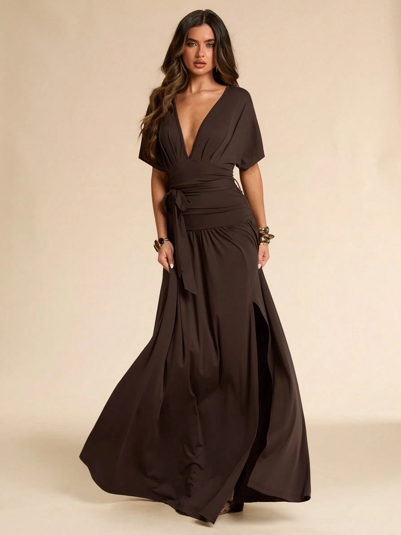 Robe longue noire unie printemps/été, col V profond, manches chauve-souris — vue 12