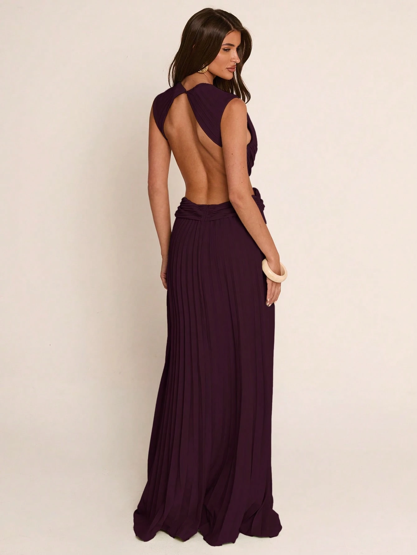 Robe longue plissée torsadée ajourée vert clair printemps/été, élégante et Top — vue 4