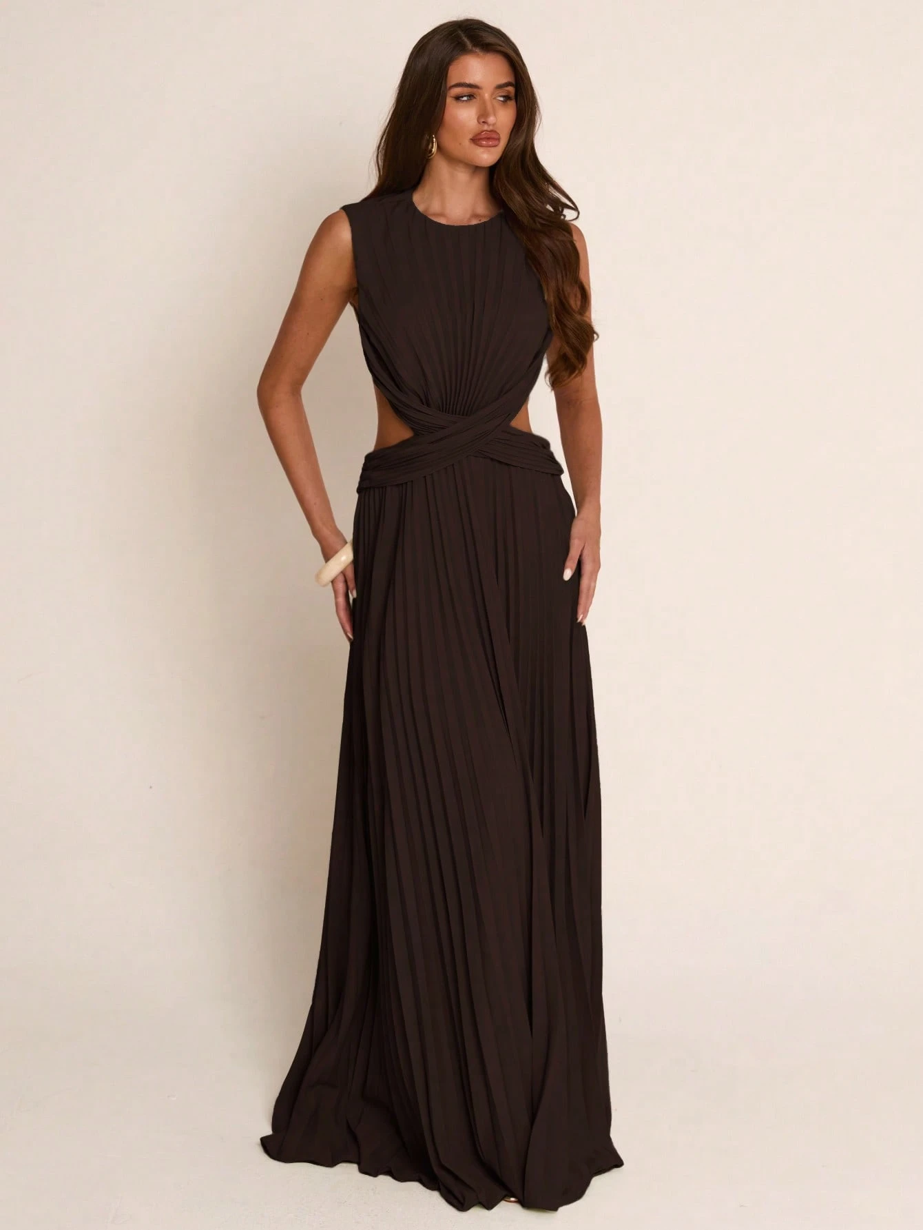 Robe longue plissée torsadée ajourée vert clair printemps/été, élégante et Top — vue 3
