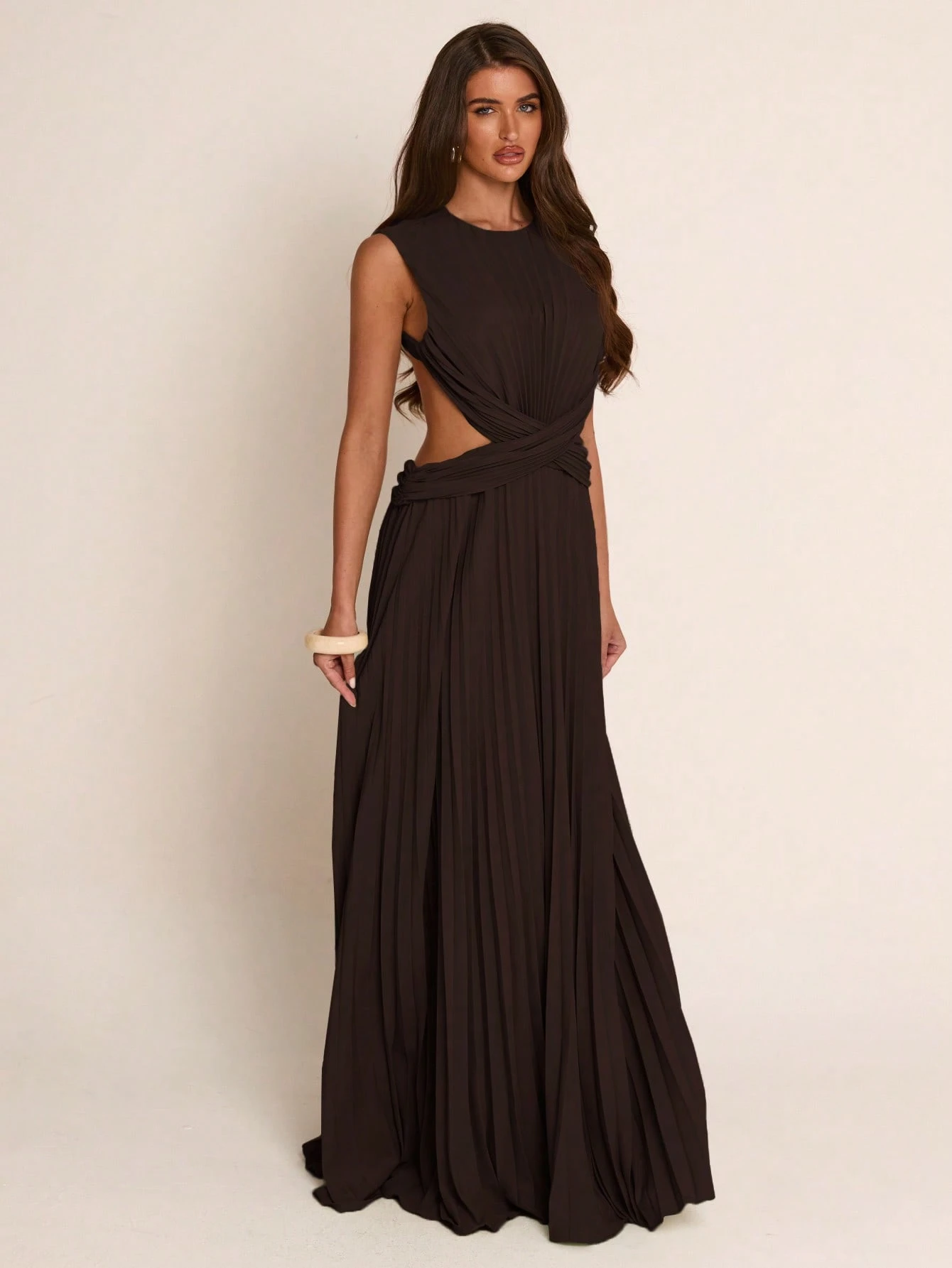 Robe longue plissée torsadée ajourée vert clair printemps/été, élégante et Top — vue 12
