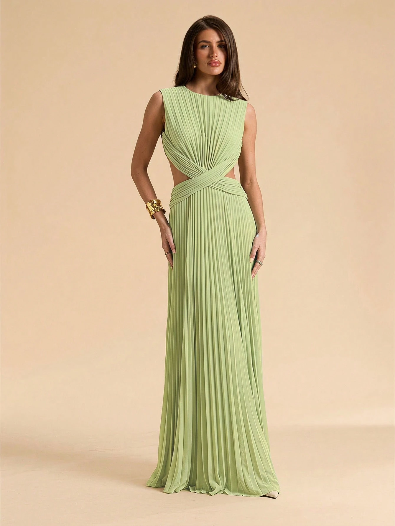 Robe longue plissée torsadée ajourée vert clair printemps/été, élégante et Top — vue 8