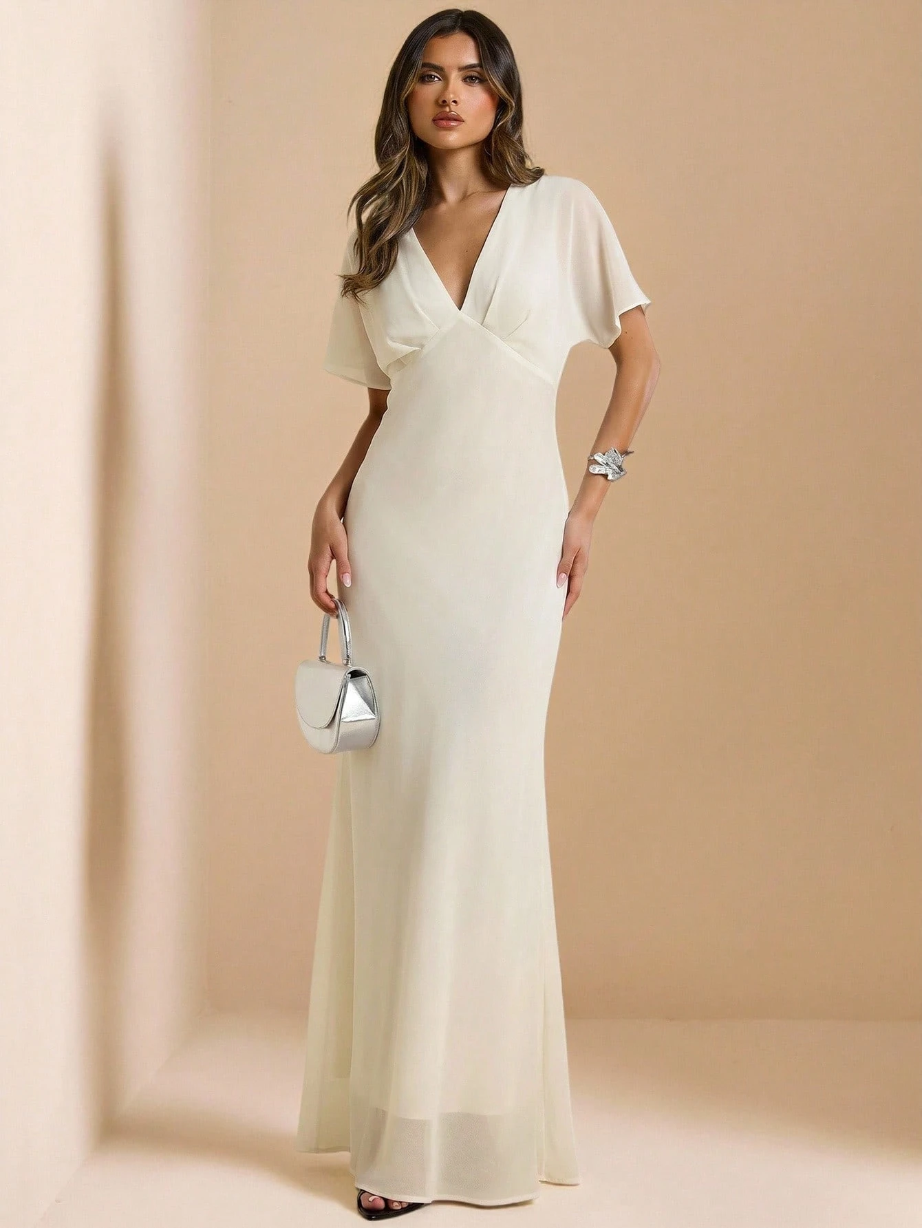 Robe sirène élégante en mousseline abricot pour femmes, col V profond, manches