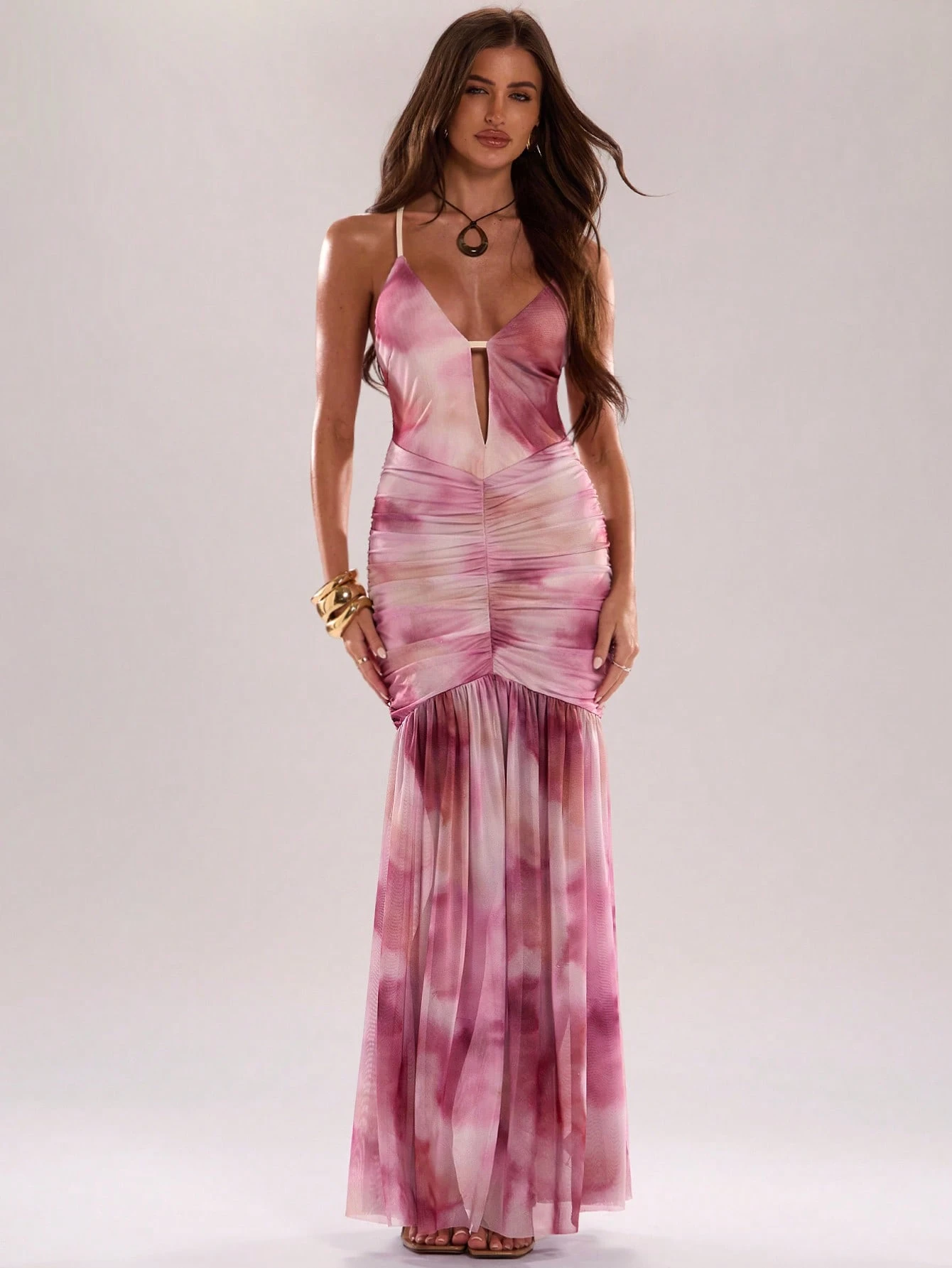 Robe de soirée plissée élégante à taille cintrée de couleur unie pour femmes — vue 5
