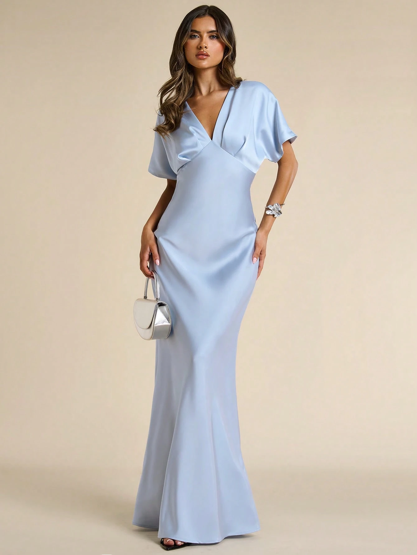 Robe sirène élégante en mousseline abricot pour femmes, col V profond, manches — vue 7