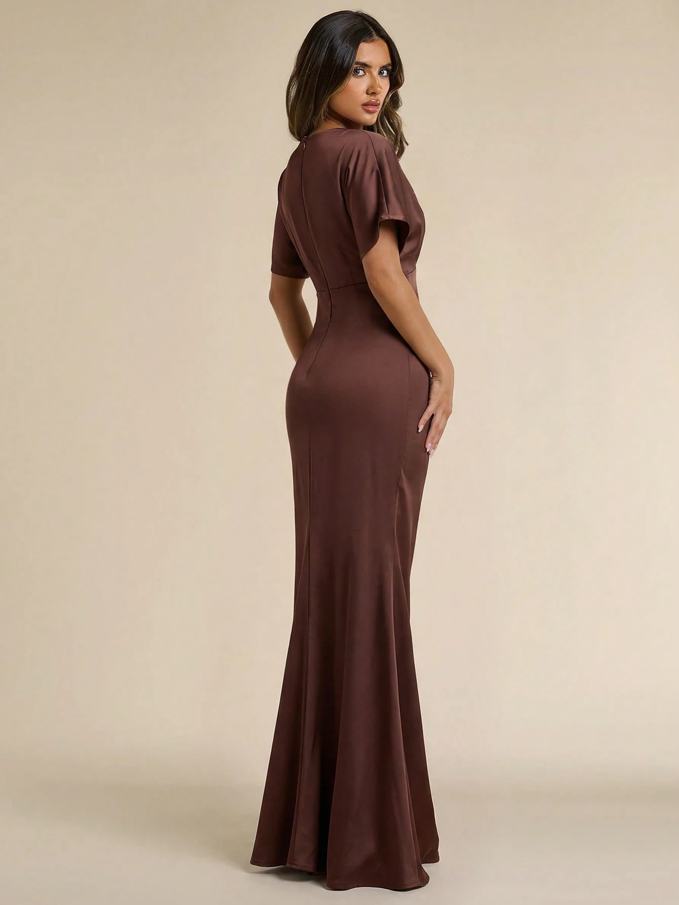 Robe sirène élégante en mousseline abricot pour femmes, col V profond, manches — vue 12