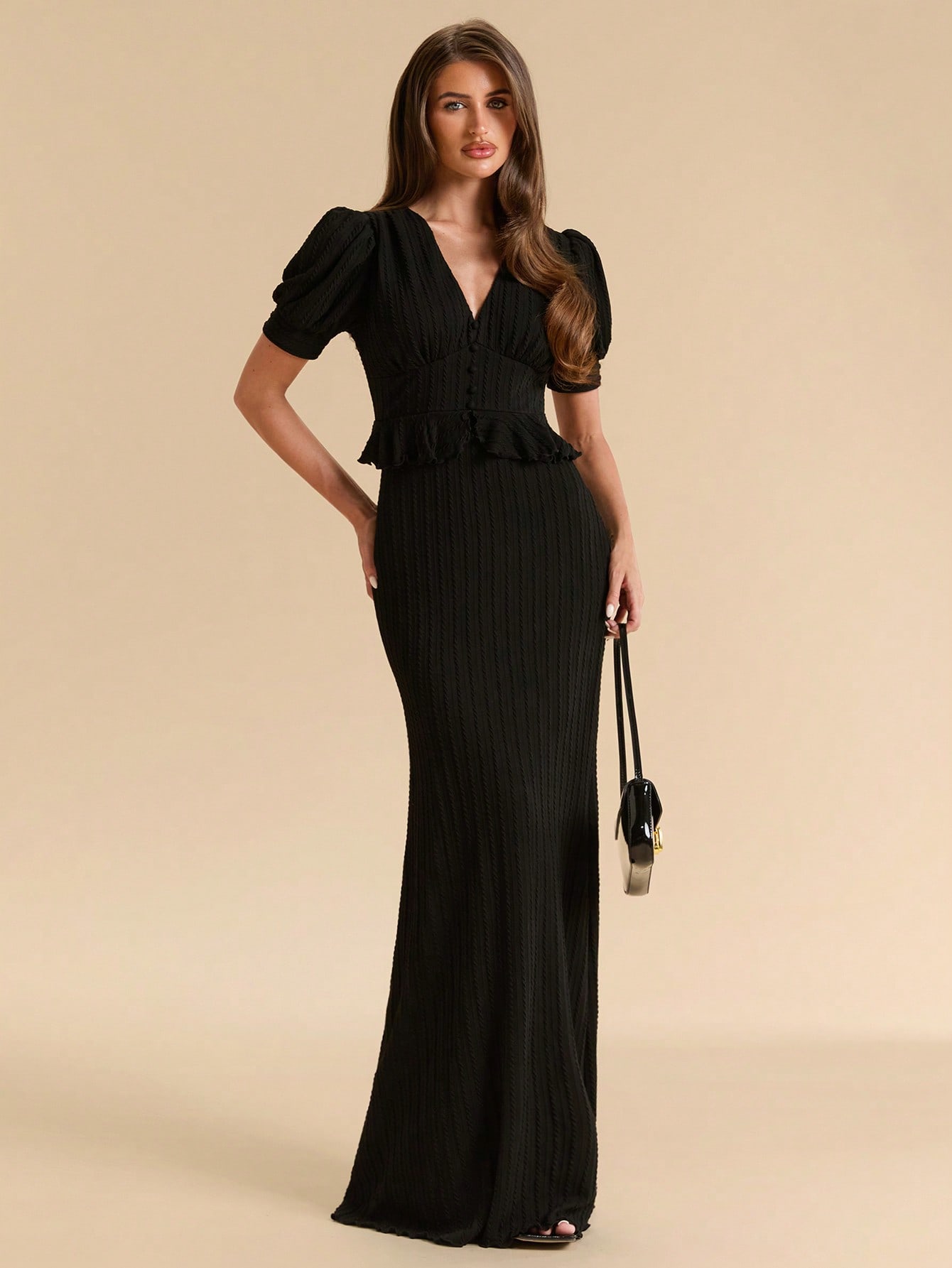 Robe sirène noire printemps/été à col V profond, manches bouffantes, taille à — vue 8
