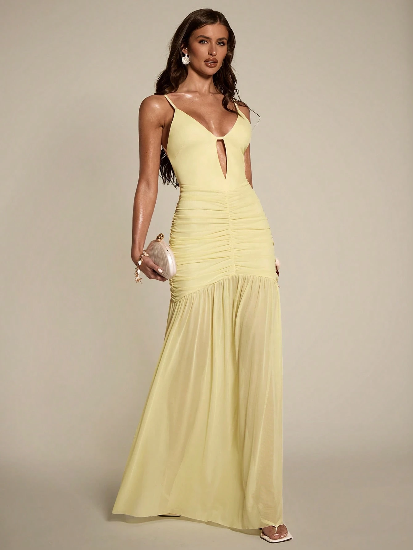 Robe de soirée plissée élégante à taille cintrée de couleur unie pour femmes — vue 7