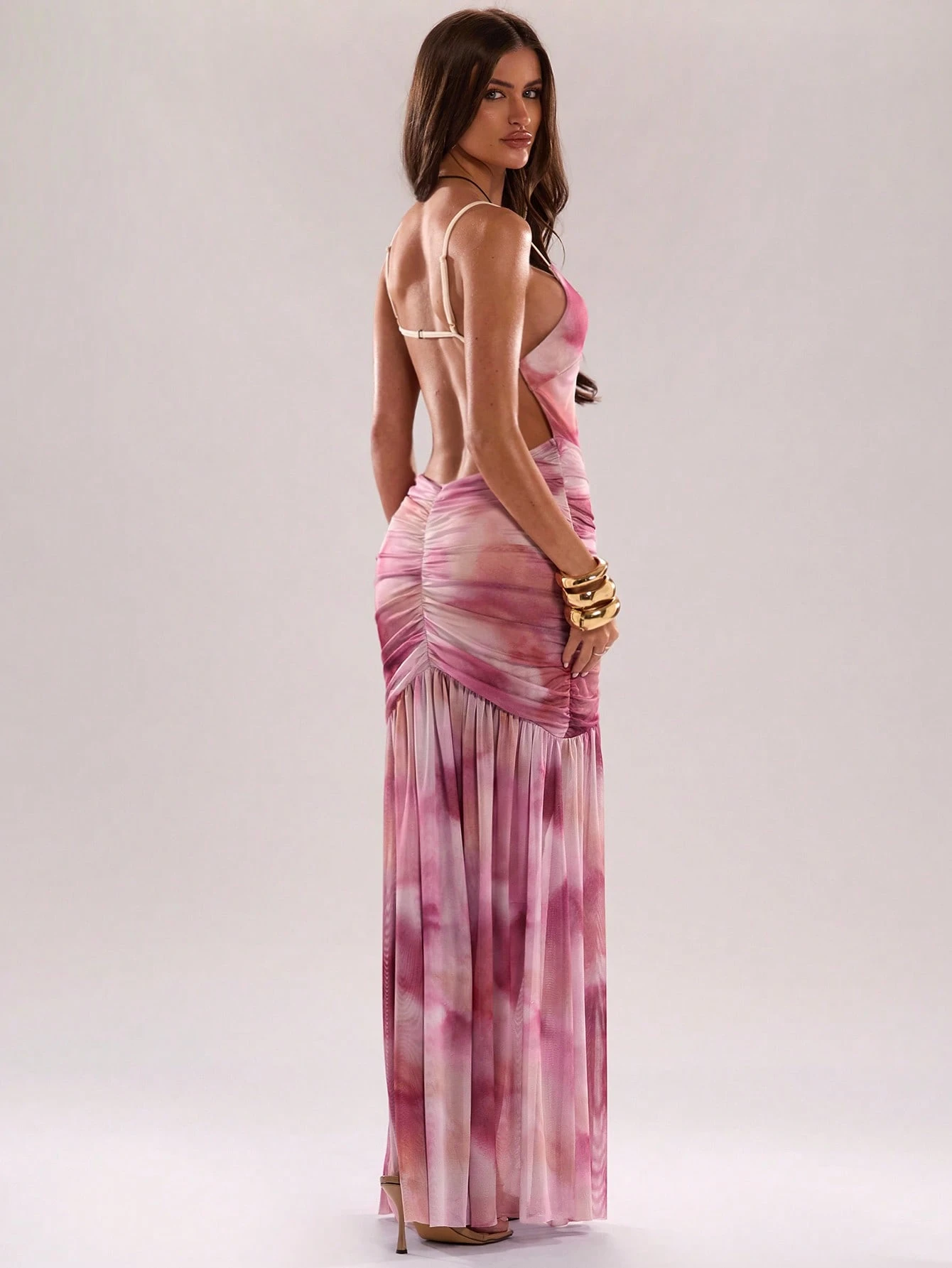 Robe de soirée plissée élégante à taille cintrée de couleur unie pour femmes — vue 12