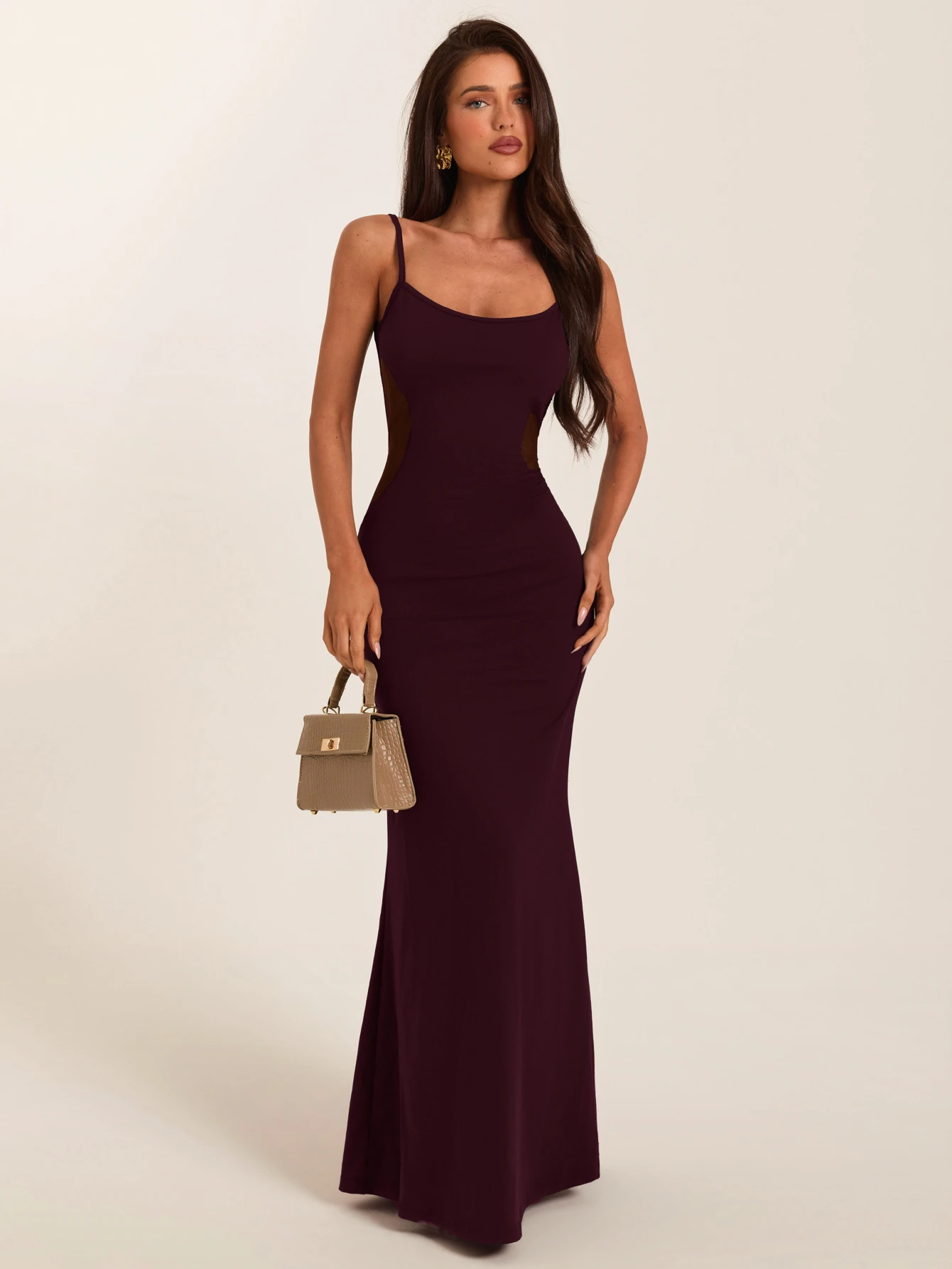 Robe longue moulante noire à fines bretelles, patchwork en maille, dos nu — vue 8