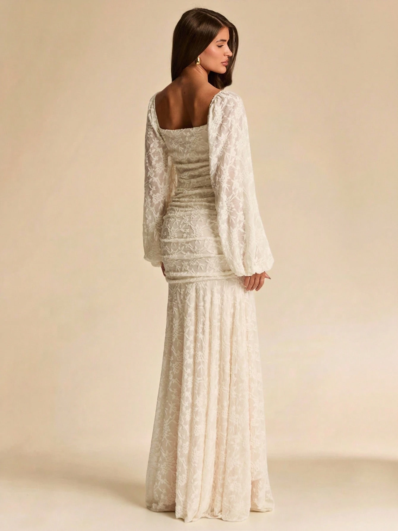 Robe élégante d'automne/hiver en jacquard texturé de couleur abricot unie, col — vue 2