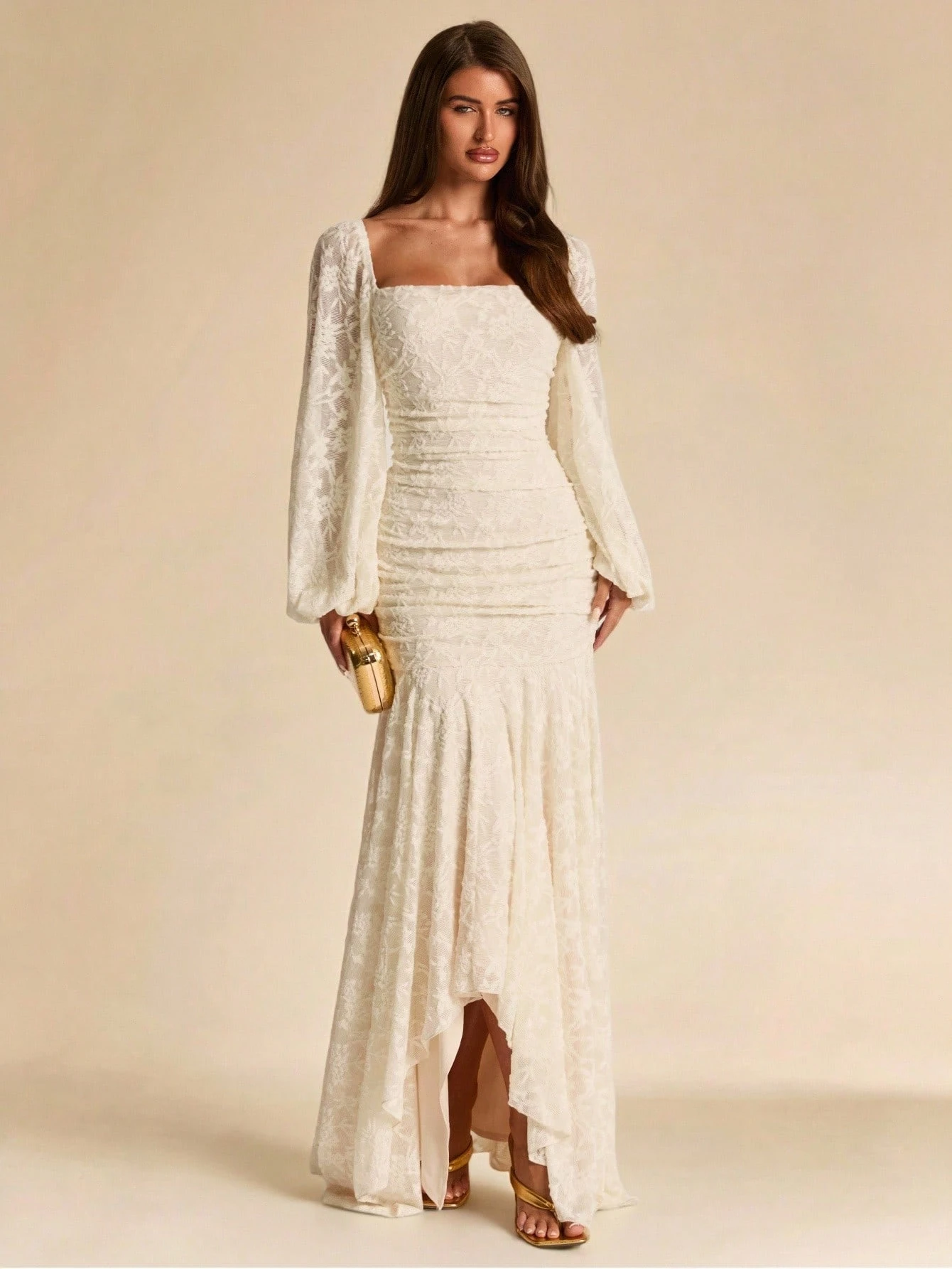 Robe élégante d'automne/hiver en jacquard texturé de couleur abricot unie, col