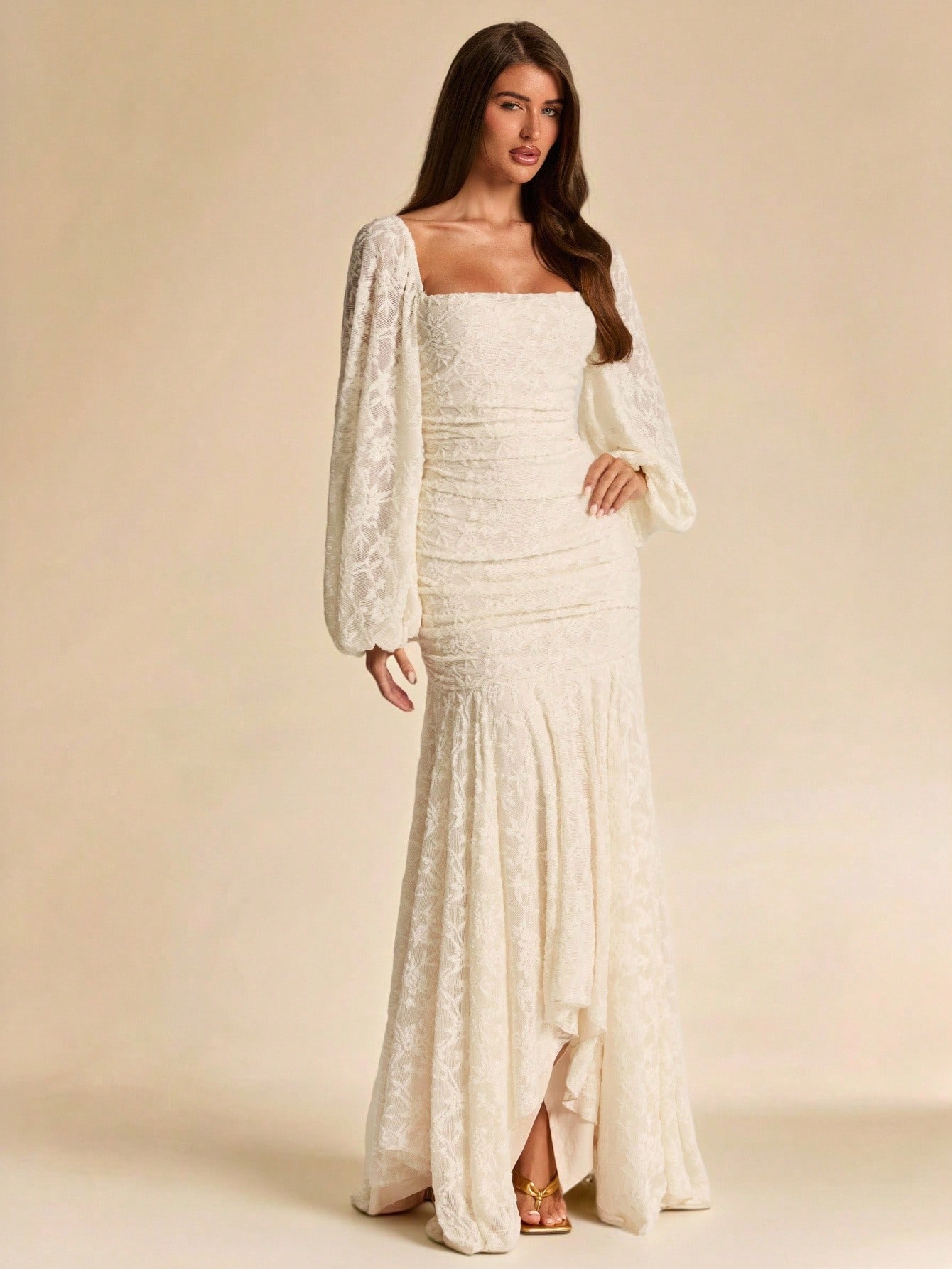 Robe élégante d'automne/hiver en jacquard texturé de couleur abricot unie, col — vue 3