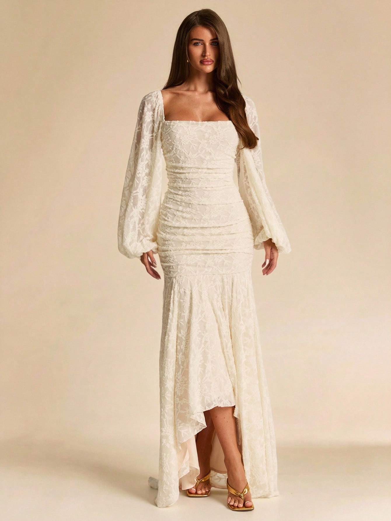 Robe élégante d'automne/hiver en jacquard texturé de couleur abricot unie, col — vue 5