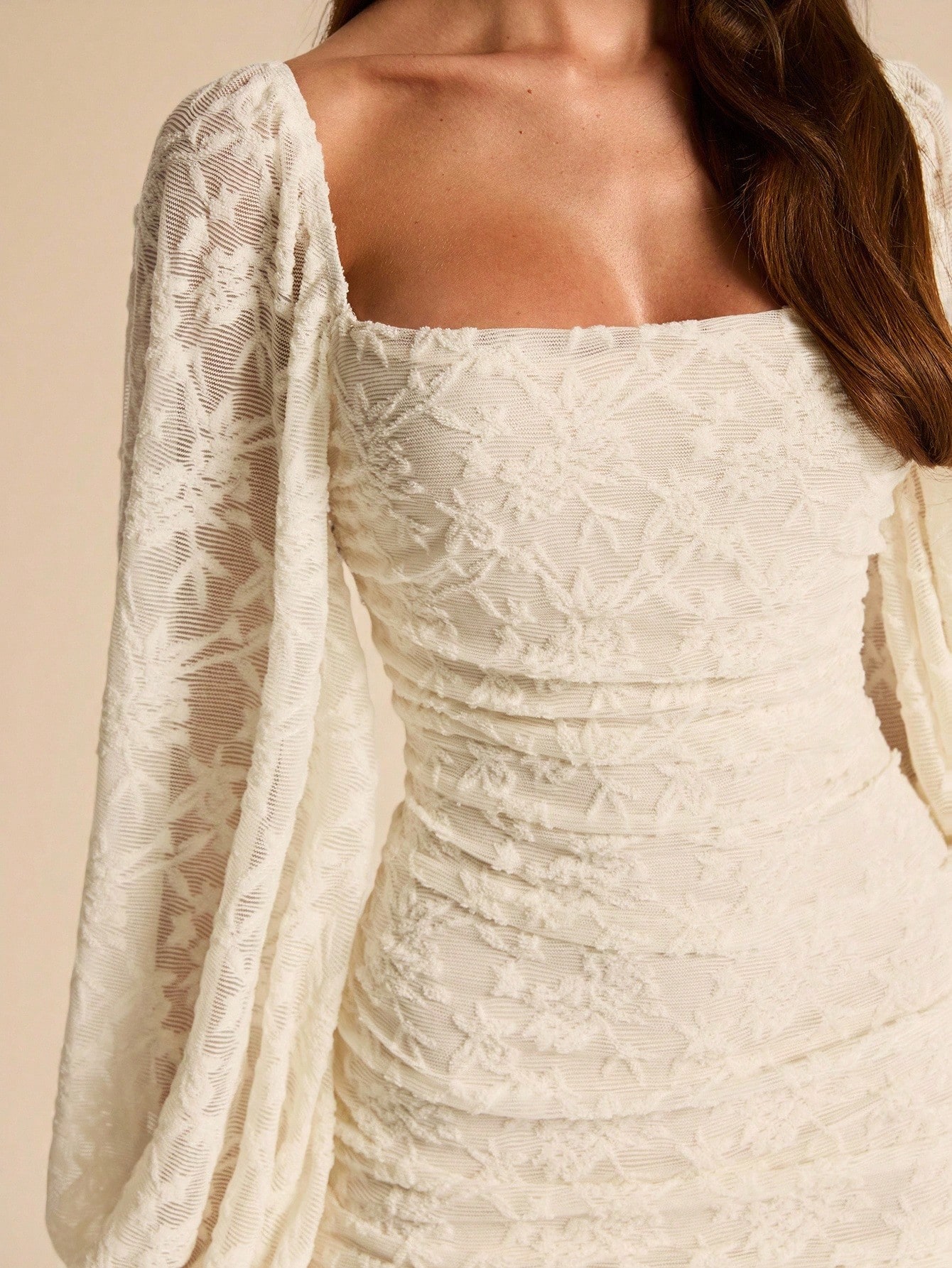 Robe élégante d'automne/hiver en jacquard texturé de couleur abricot unie, col — vue 6