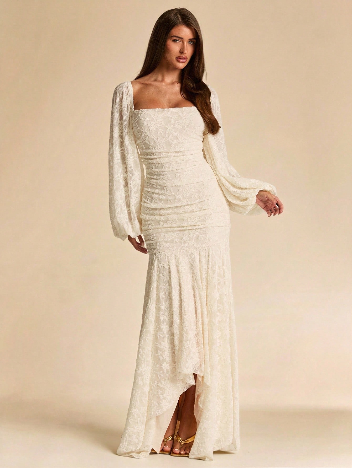 Robe élégante d'automne/hiver en jacquard texturé de couleur abricot unie, col — vue 4
