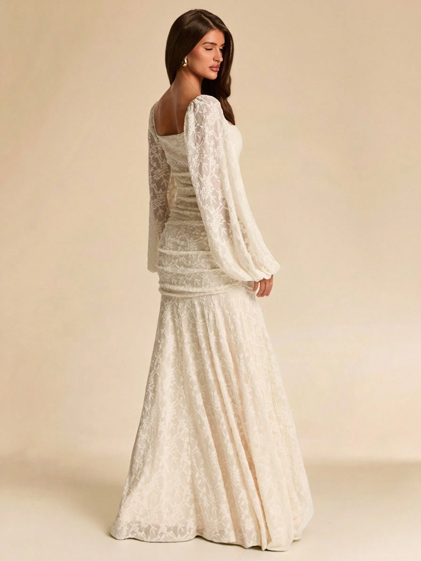 Robe élégante d'automne/hiver en jacquard texturé de couleur abricot unie, col — vue 7