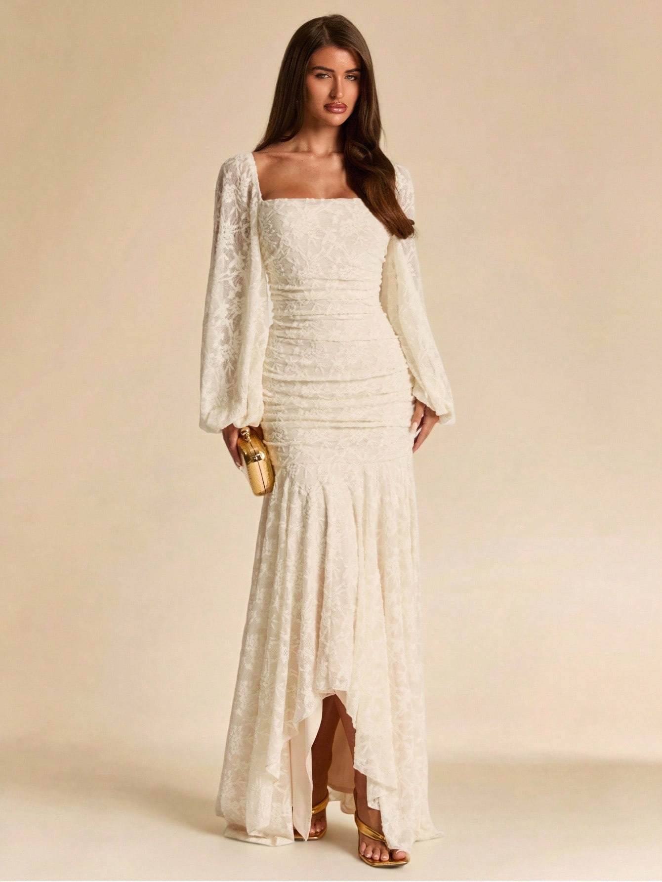 Robe élégante d'automne/hiver en jacquard texturé de couleur abricot unie, col — vue 8