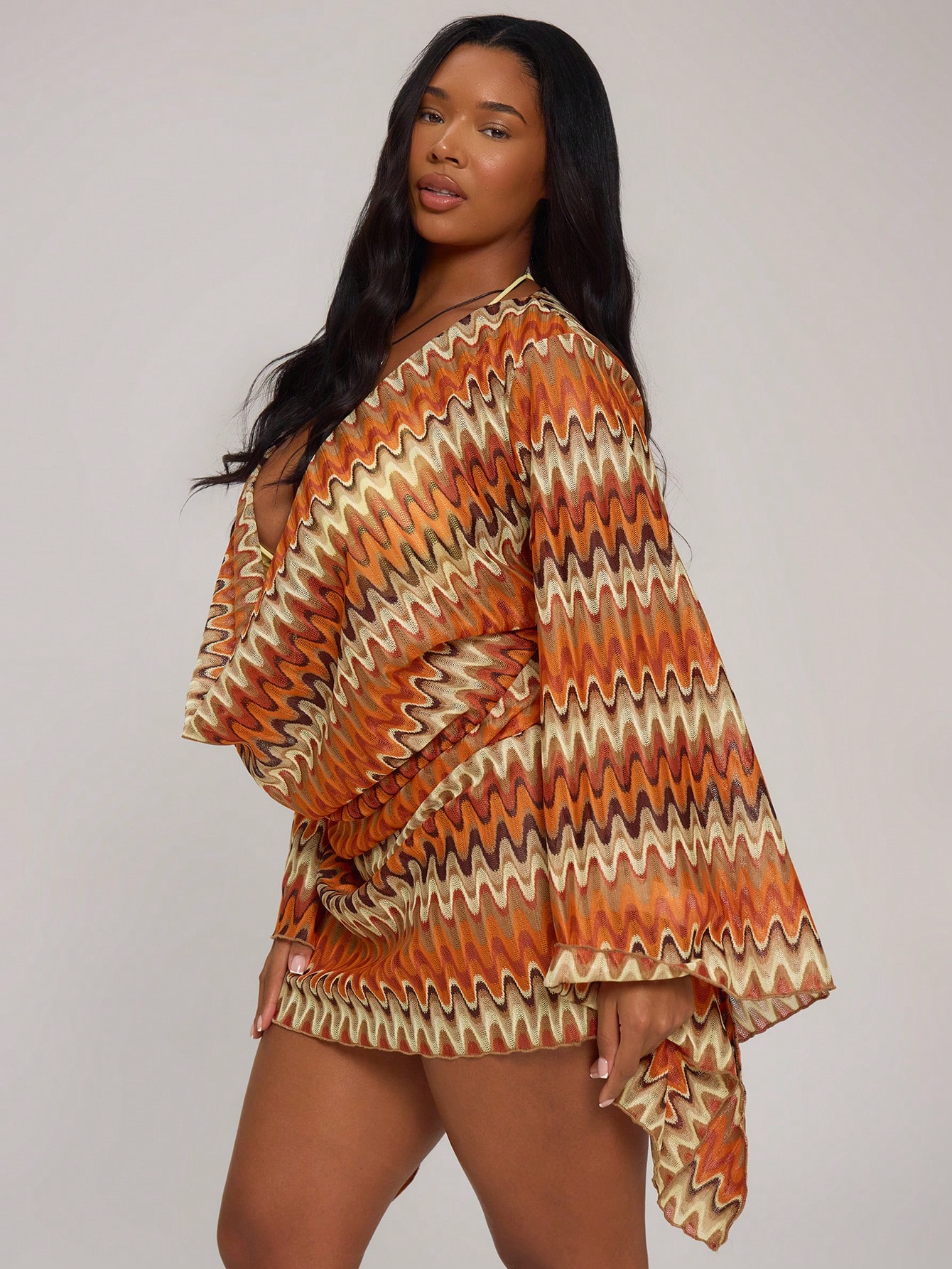 MUSERA Robe mini ajustée à manches longues en tricot crochet rayé avec col roulé, grande — vue 6