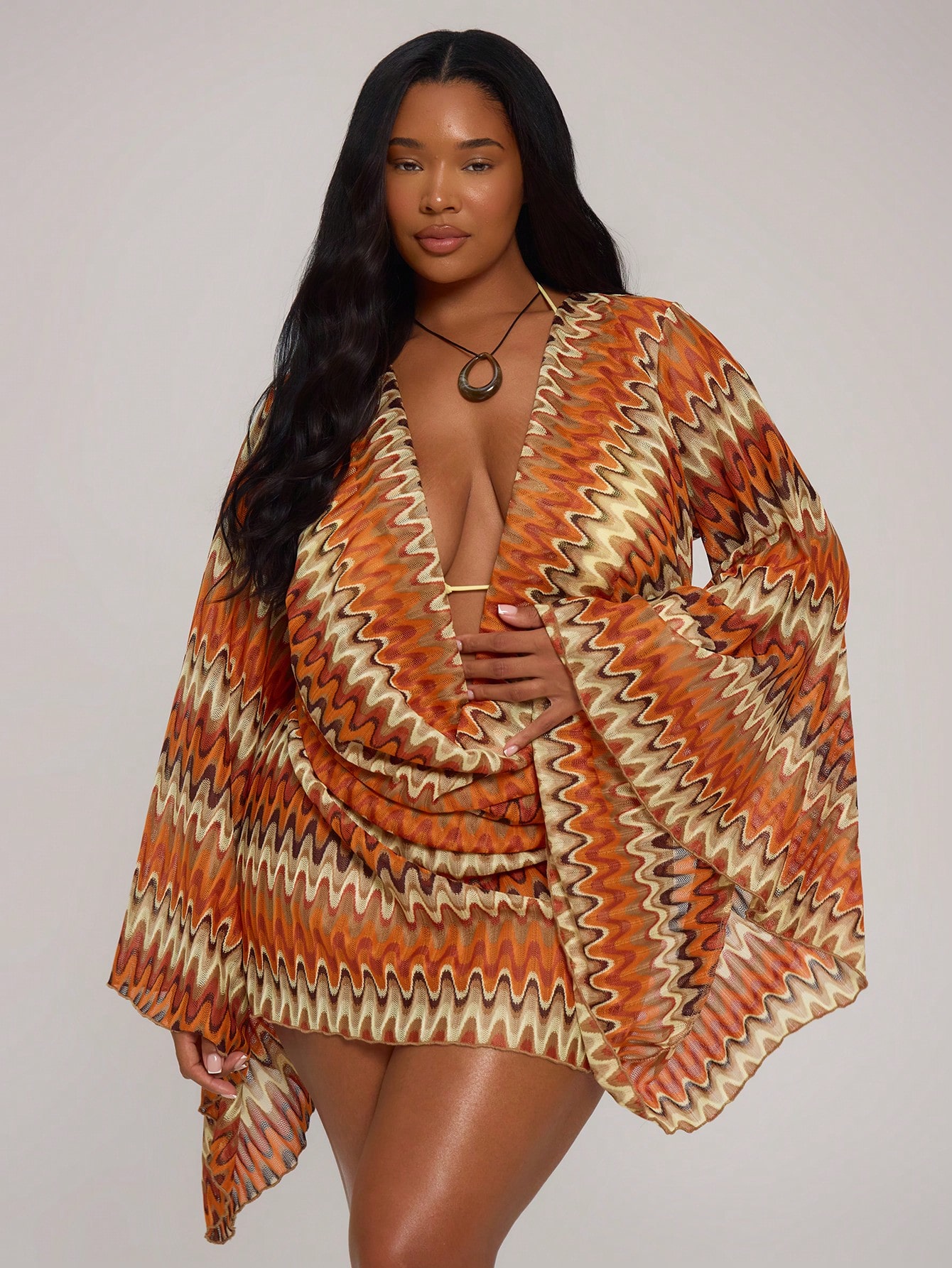 MUSERA Robe mini ajustée à manches longues en tricot crochet rayé avec col roulé, grande — vue 2