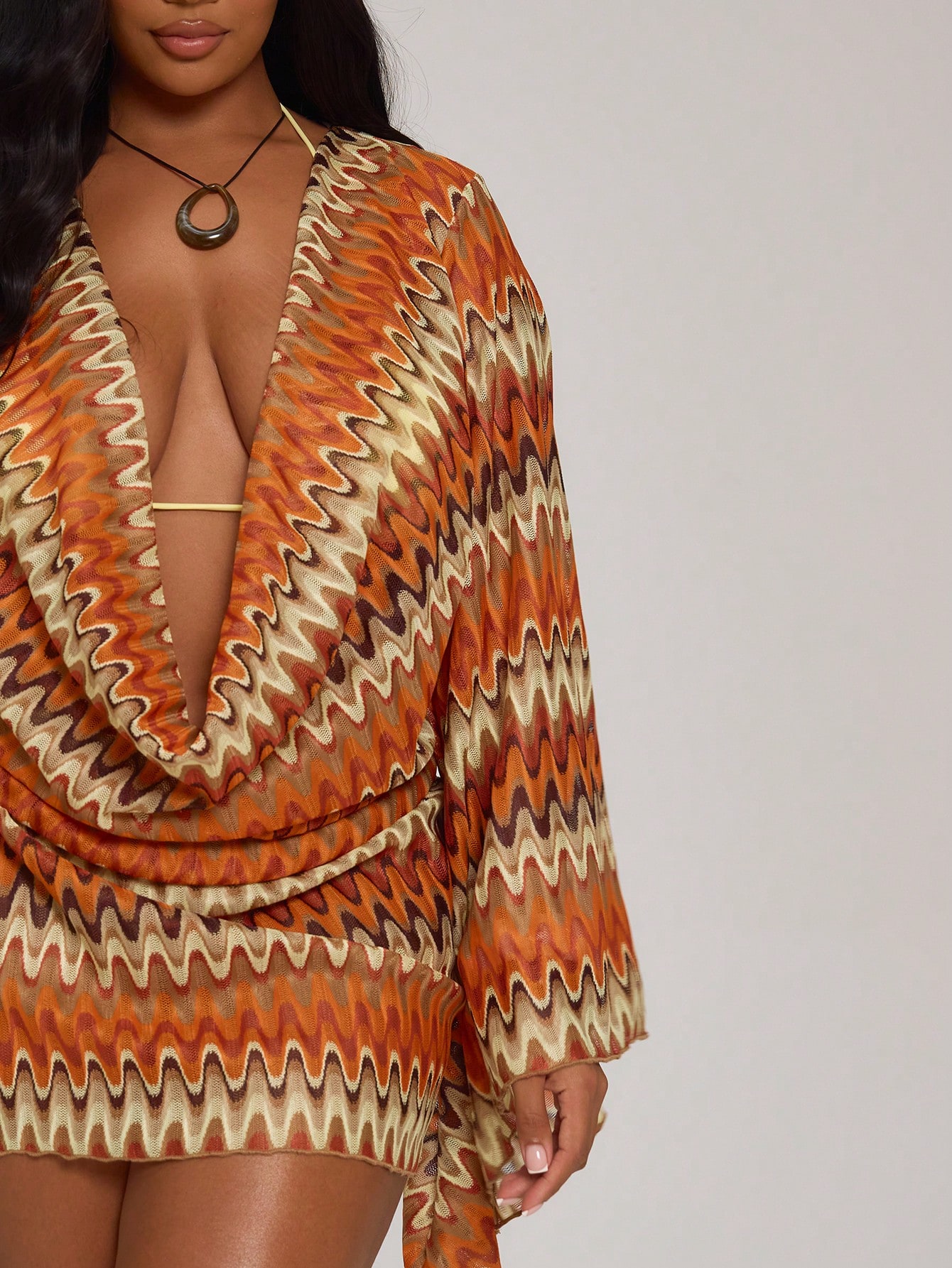 MUSERA Robe mini ajustée à manches longues en tricot crochet rayé avec col roulé, grande — vue 4