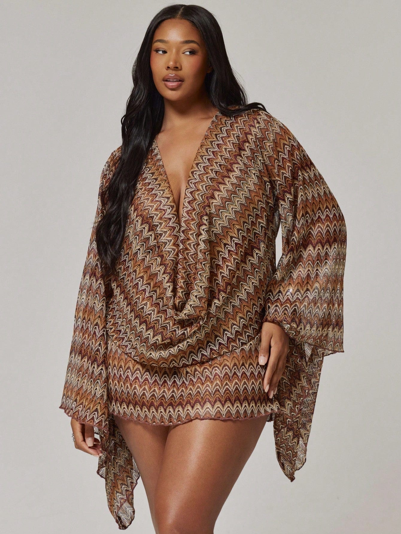 MUSERA Robe mini ajustée à manches longues en tricot crochet rayé avec col roulé, grande