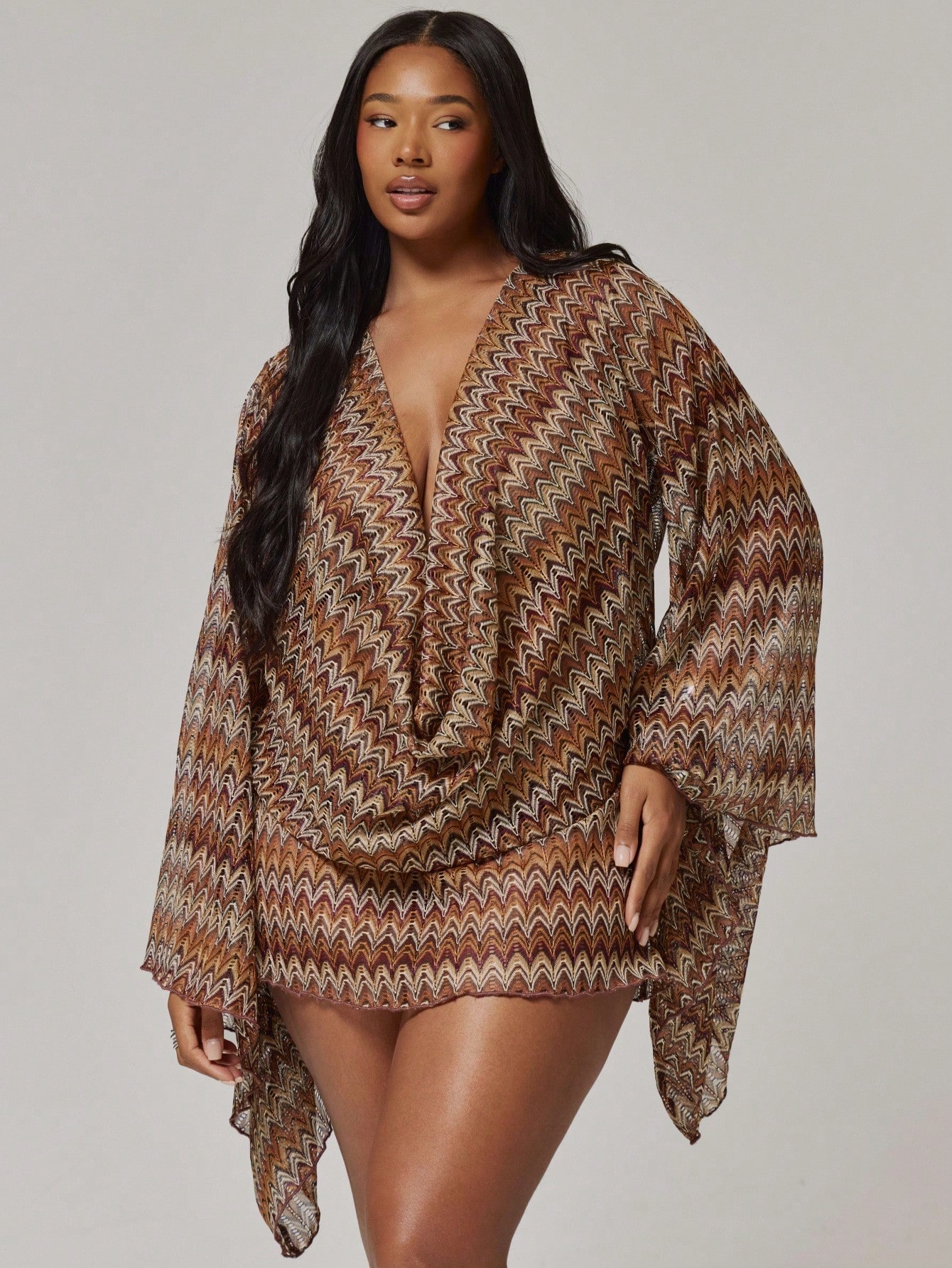 MUSERA Robe mini ajustée à manches longues en tricot crochet rayé avec col roulé, grande