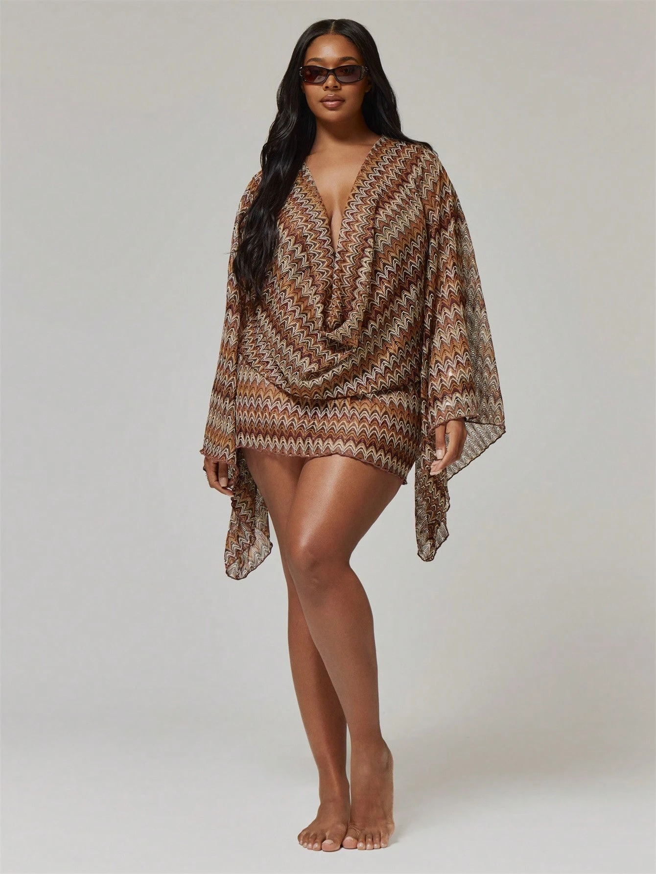 MUSERA Robe mini ajustée à manches longues en tricot crochet rayé avec col roulé, grande — vue 5