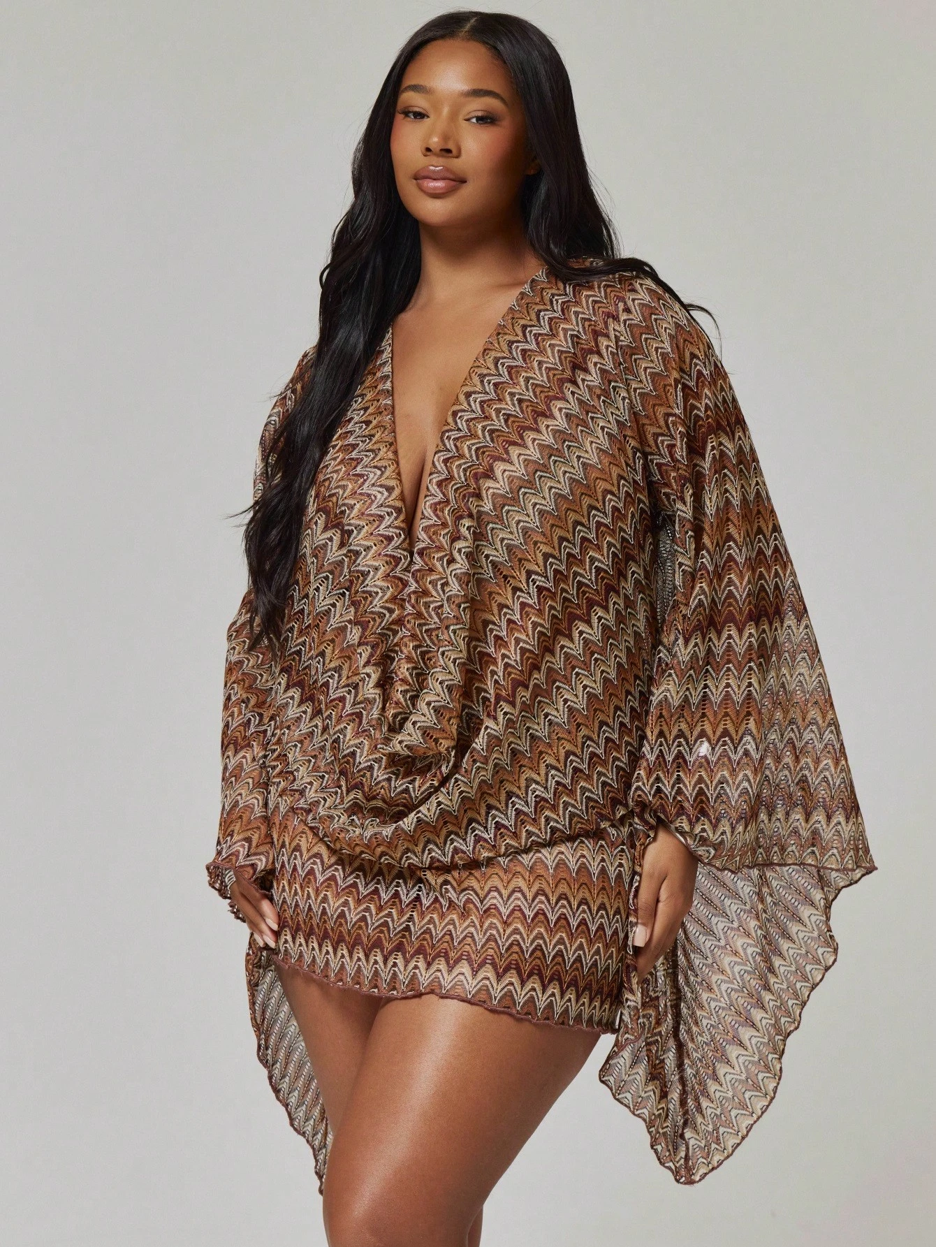 MUSERA Robe mini ajustée à manches longues en tricot crochet rayé avec col roulé, grande — vue 3
