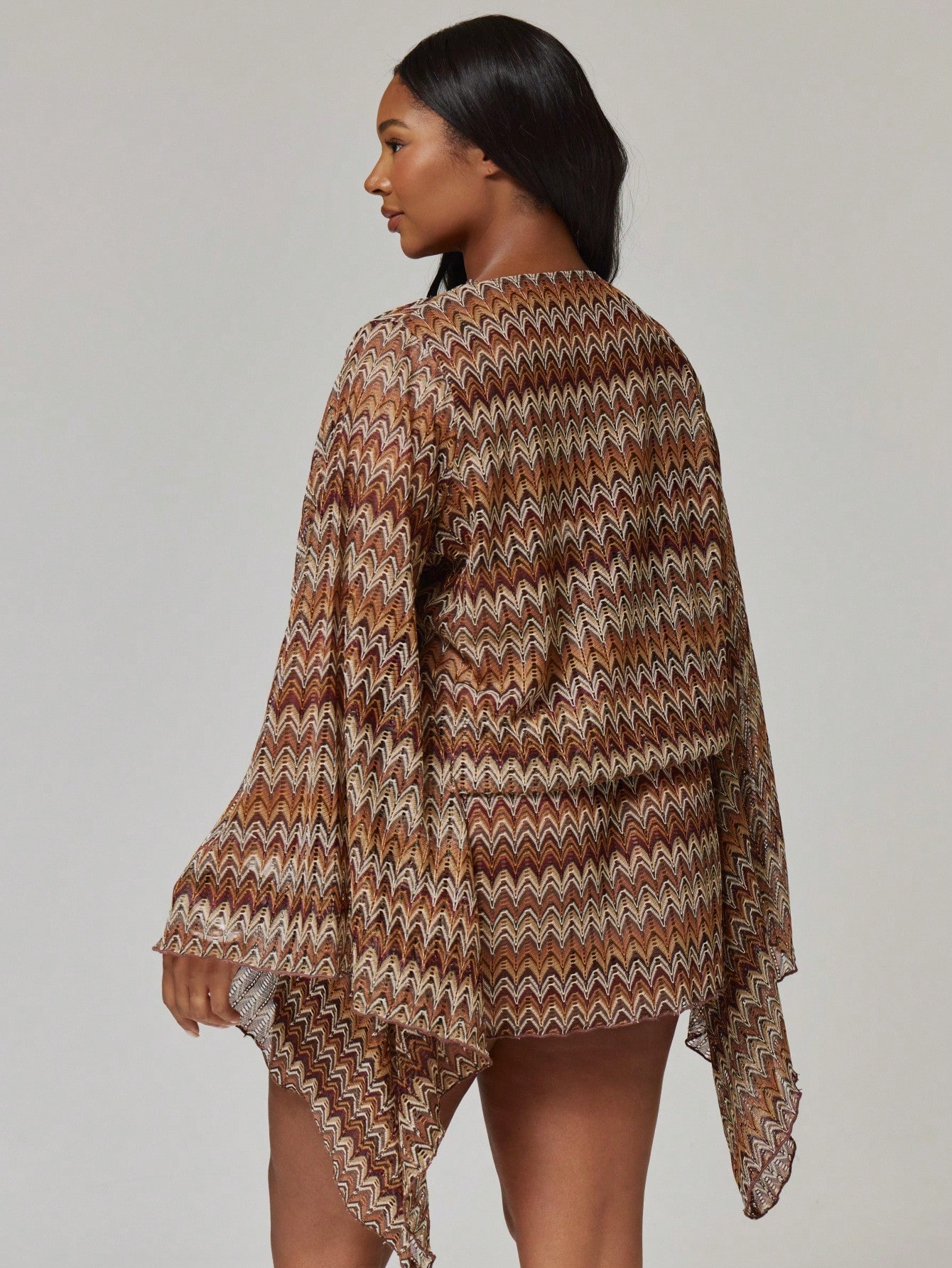 MUSERA Robe mini ajustée à manches longues en tricot crochet rayé avec col roulé, grande — vue 9